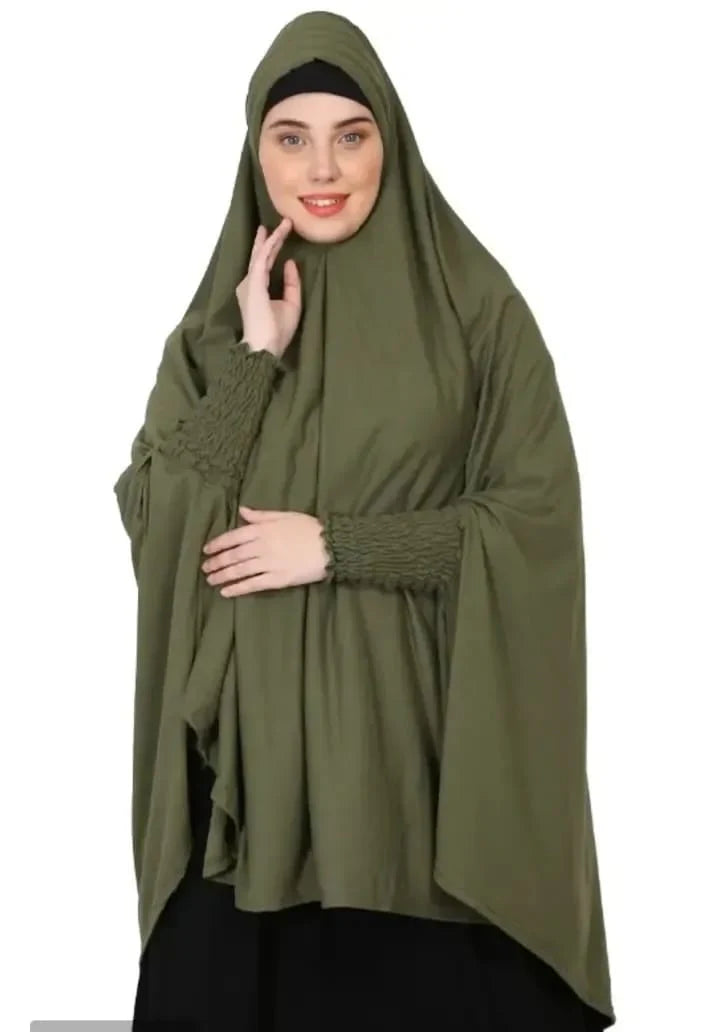 Nazneen stretchable Jeresy smoking at sleeve Jilbab cum prayer khimar Hijab Olive and Sage Green.