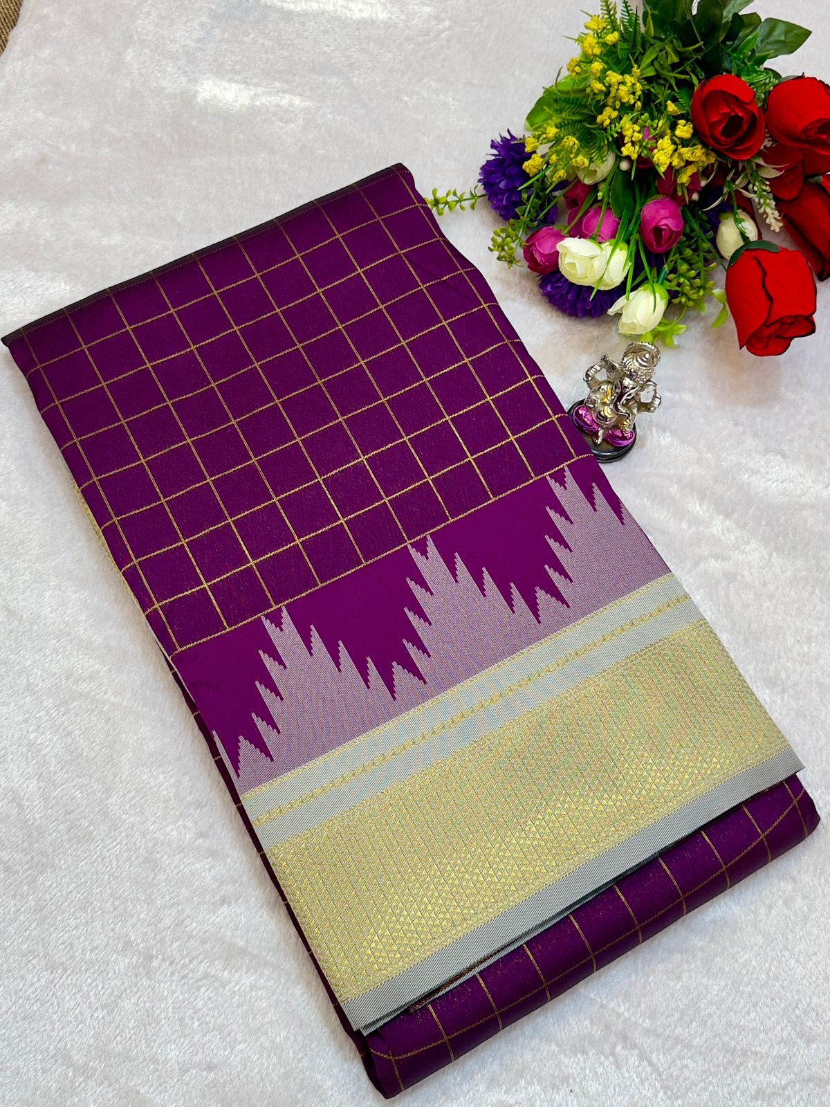 New Design Launching Shop the elegant Neha Checks Irkal Paithani Saree, crafted from premium Katan silk that feels like pure silk. Designed with all-over classic checks and paired with an exclusive contrast blouse, this saree is perfect for festive wear, weddings, and special occasions. Experience tradition with a modern touch.