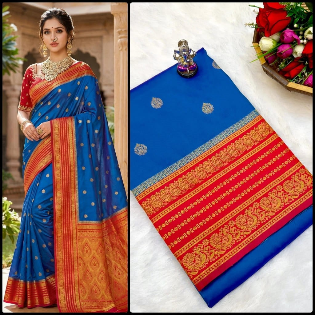 Shop Rajashri Kanjivaram Paithani Saree online at best price. Premium Katan silk feel with zari butti and Meena work, ideal for weddings, festivals, and traditional occasions.