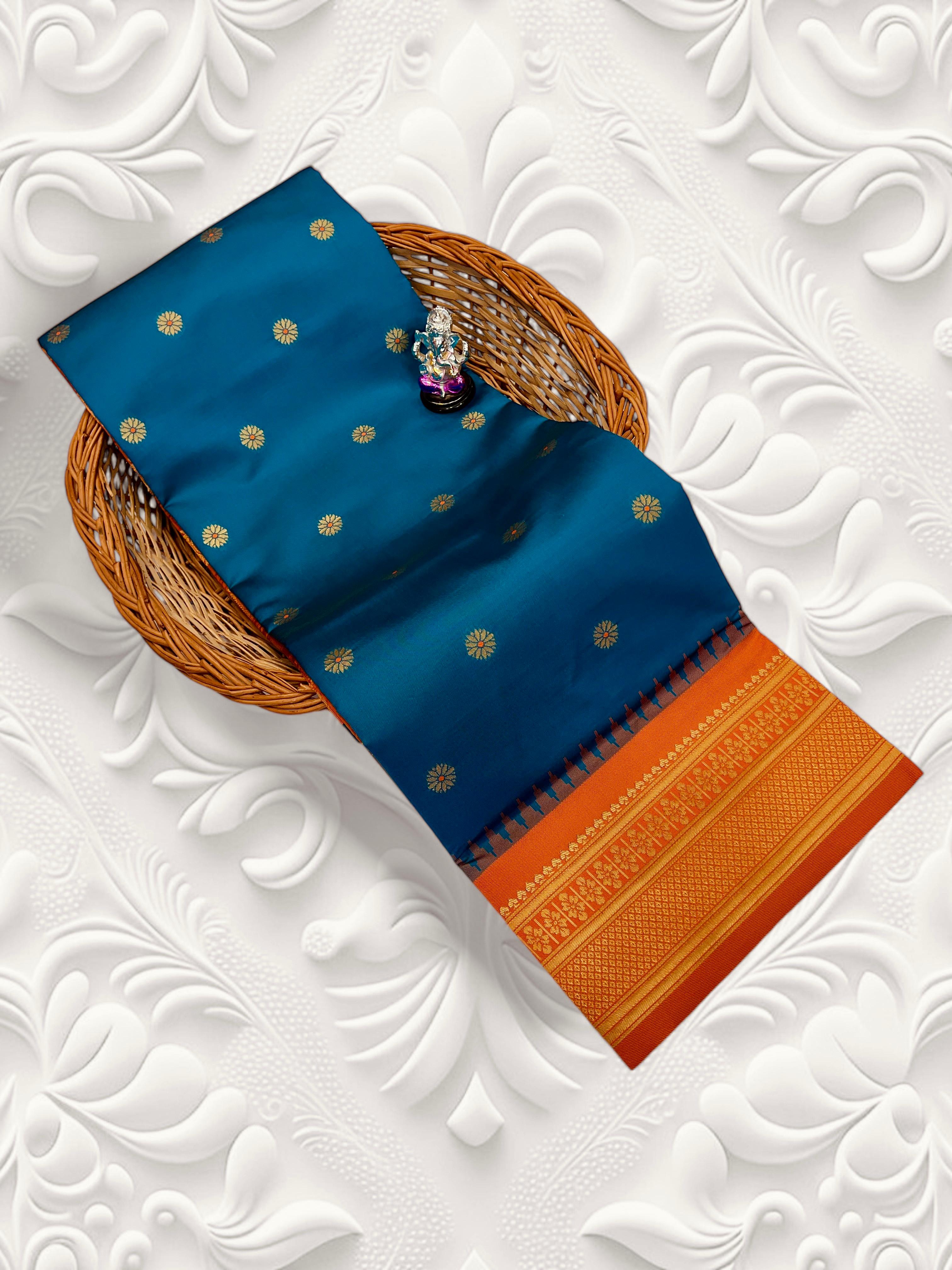 Buy Kadiyal Silk Paithani Saree with Meena Butti &amp; Fancy Pallu.&nbsp;Shop Aarya Fancy Pallu Kadiyal Silk Paithani Saree in premium soft silk with Meena butti and contrast blouse. Perfect for festive &amp; wedding wear.