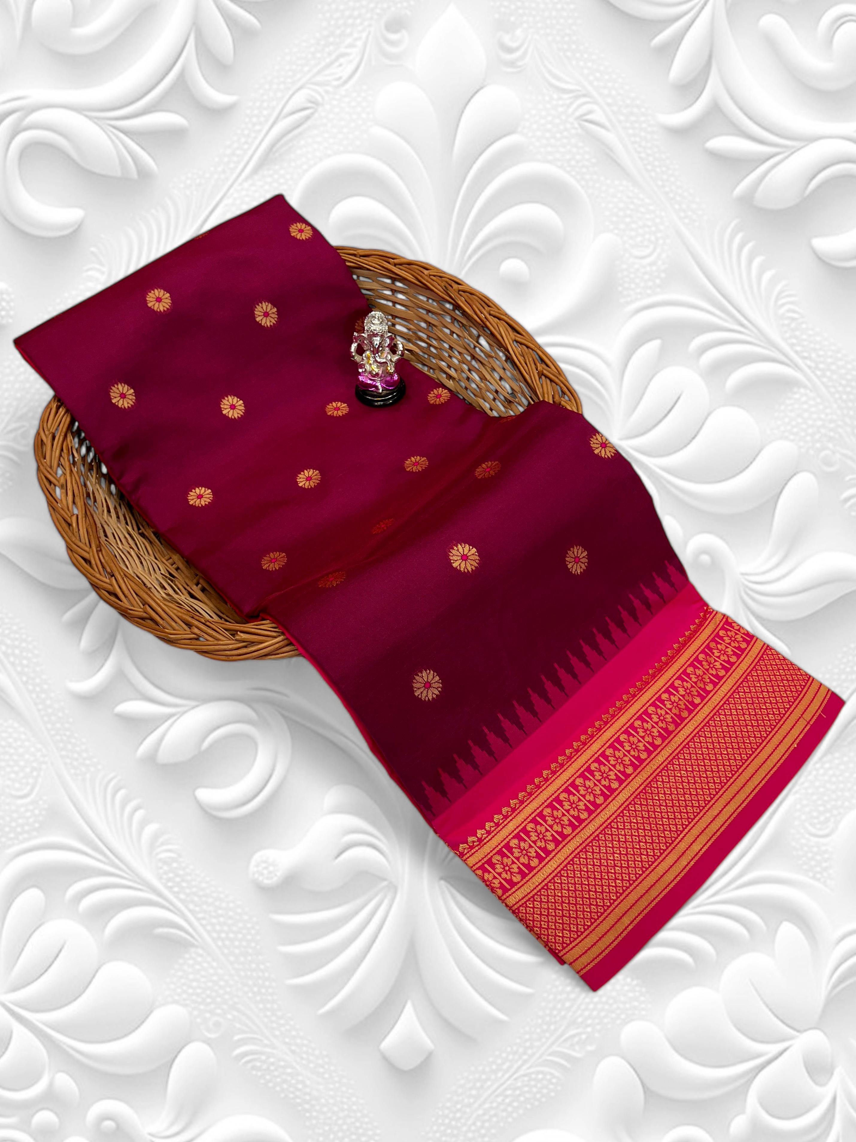 Buy Kadiyal Silk Paithani Saree with Meena Butti &amp; Fancy Pallu.&nbsp;Shop Aarya Fancy Pallu Kadiyal Silk Paithani Saree in premium soft silk with Meena butti and contrast blouse. Perfect for festive &amp; wedding wear.