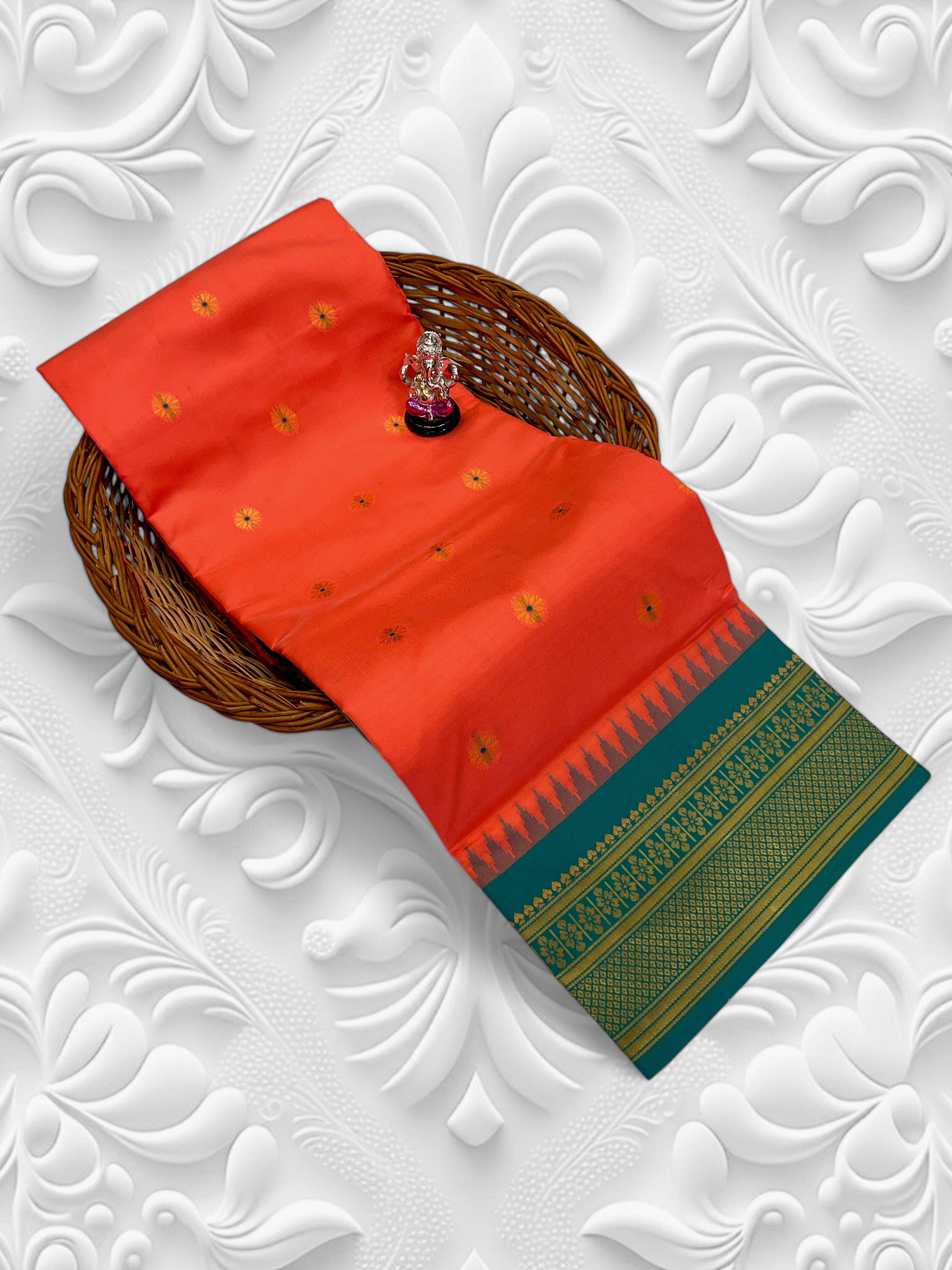 Buy Kadiyal Silk Paithani Saree with Meena Butti &amp; Fancy Pallu.&nbsp;Shop Aarya Fancy Pallu Kadiyal Silk Paithani Saree in premium soft silk with Meena butti and contrast blouse. Perfect for festive &amp; wedding wear.