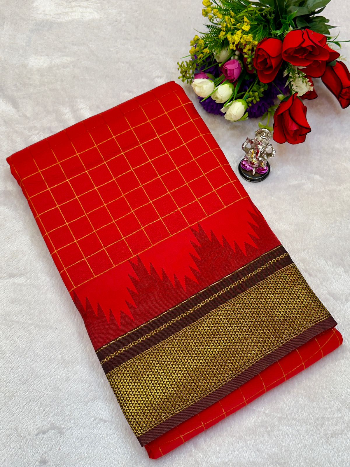 New Design Launching Shop the elegant Neha Checks Irkal Paithani Saree, crafted from premium Katan silk that feels like pure silk. Designed with all-over classic checks and paired with an exclusive contrast blouse, this saree is perfect for festive wear, weddings, and special occasions. Experience tradition with a modern touch.