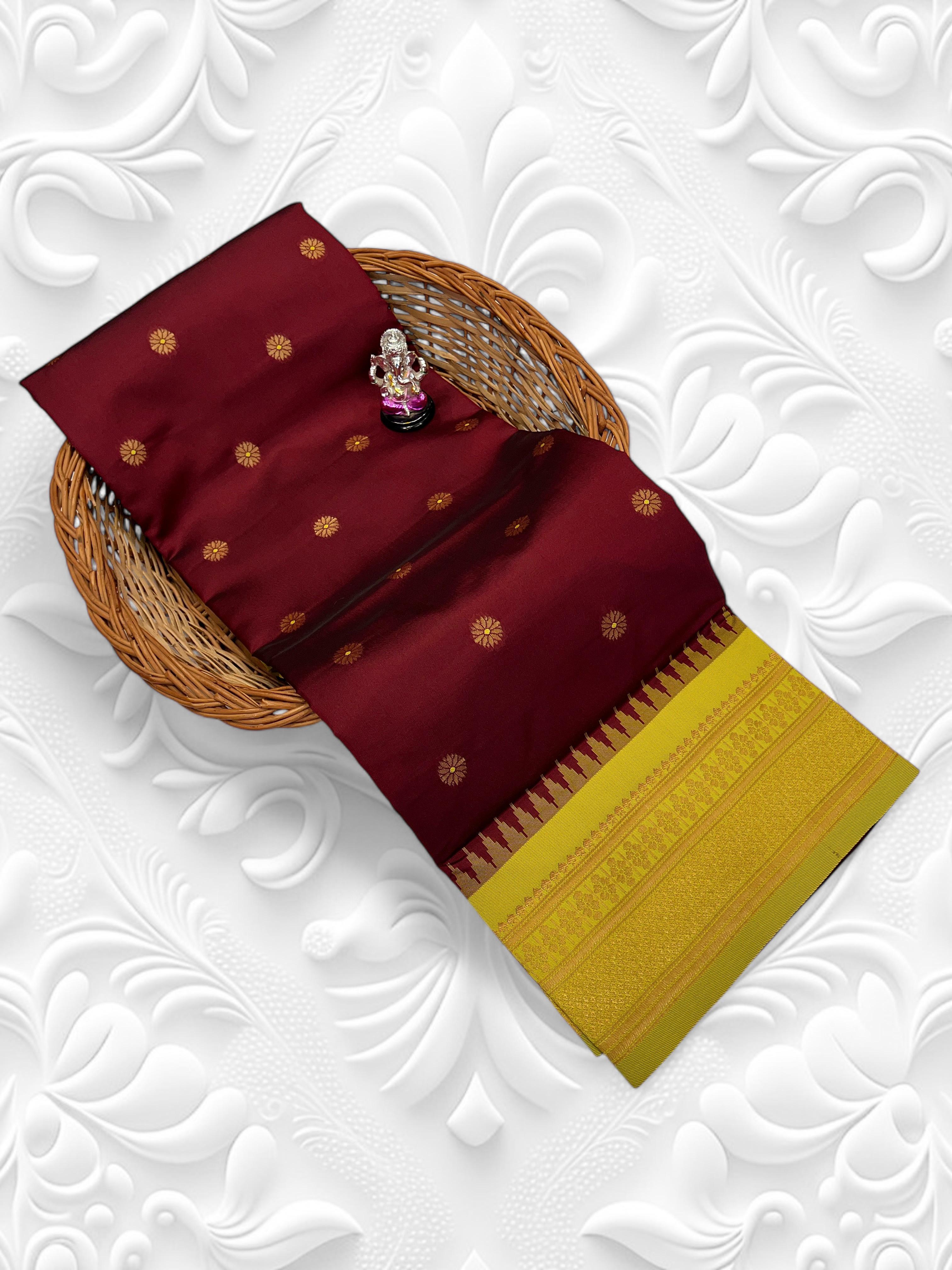 Buy Kadiyal Silk Paithani Saree with Meena Butti &amp; Fancy Pallu.&nbsp;Shop Aarya Fancy Pallu Kadiyal Silk Paithani Saree in premium soft silk with Meena butti and contrast blouse. Perfect for festive &amp; wedding wear.