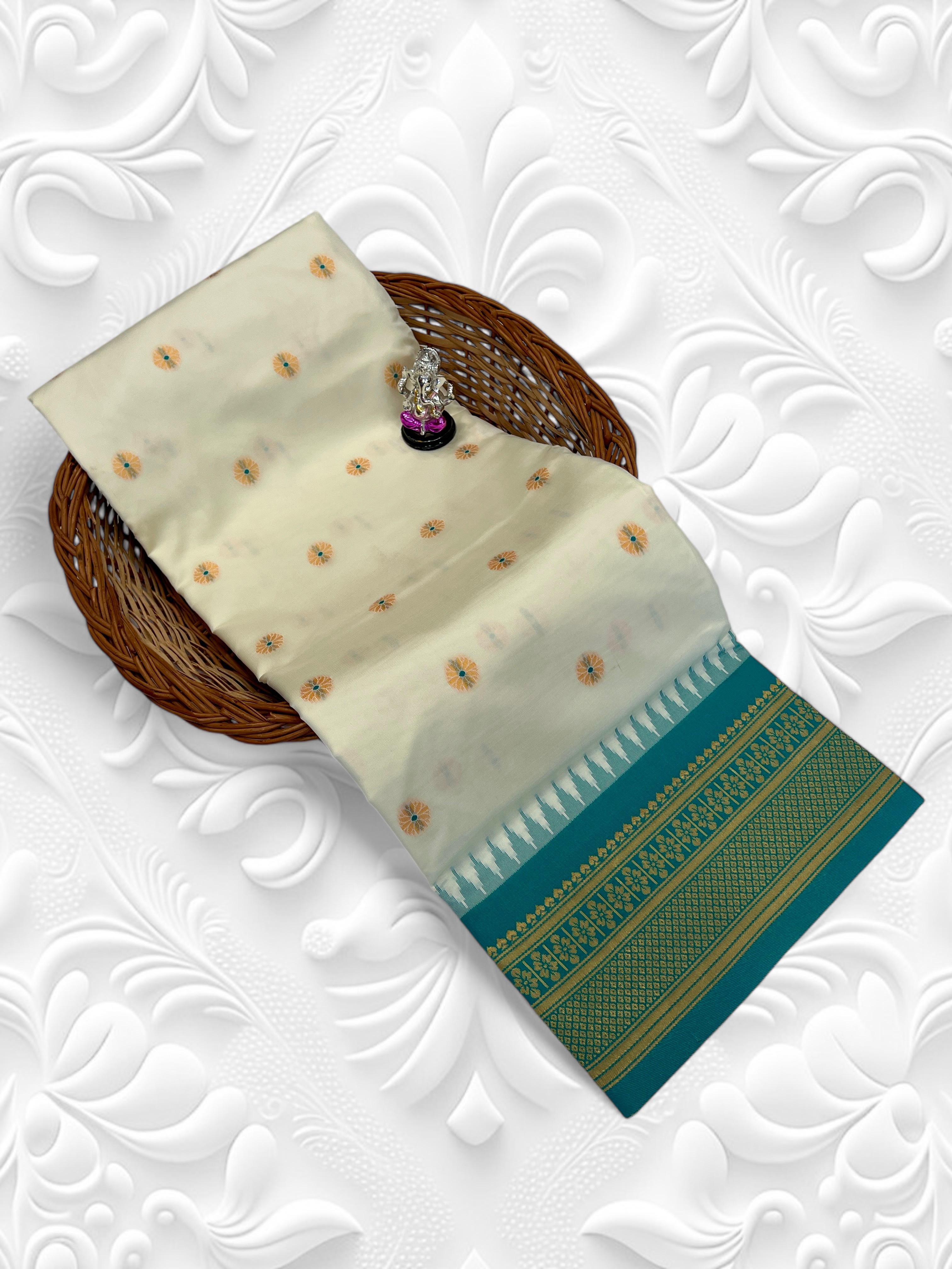 Buy Kadiyal Silk Paithani Saree with Meena Butti &amp; Fancy Pallu.&nbsp;Shop Aarya Fancy Pallu Kadiyal Silk Paithani Saree in premium soft silk with Meena butti and contrast blouse. Perfect for festive &amp; wedding wear.