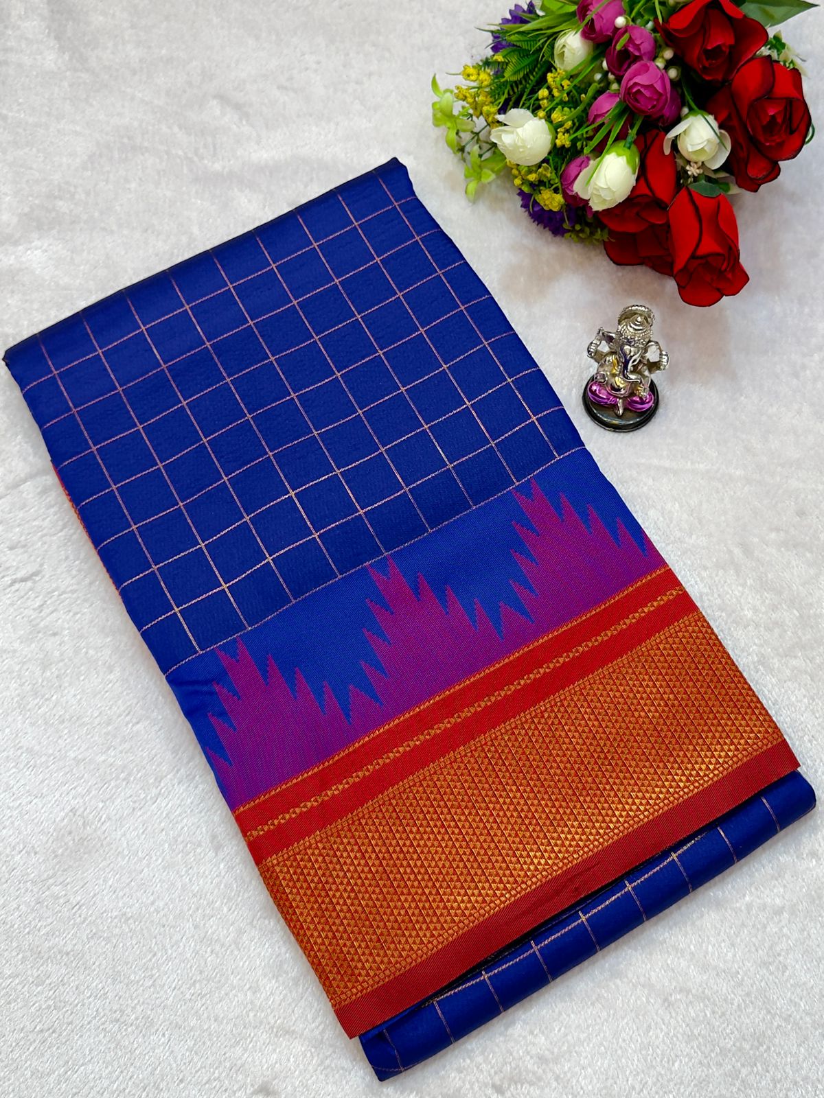 New Design Launching Shop the elegant Neha Checks Irkal Paithani Saree, crafted from premium Katan silk that feels like pure silk. Designed with all-over classic checks and paired with an exclusive contrast blouse, this saree is perfect for festive wear, weddings, and special occasions. Experience tradition with a modern touch.