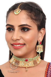 Alluring  Alloy Gold Plated Artificial Stone Choker Jewellery Set For Women