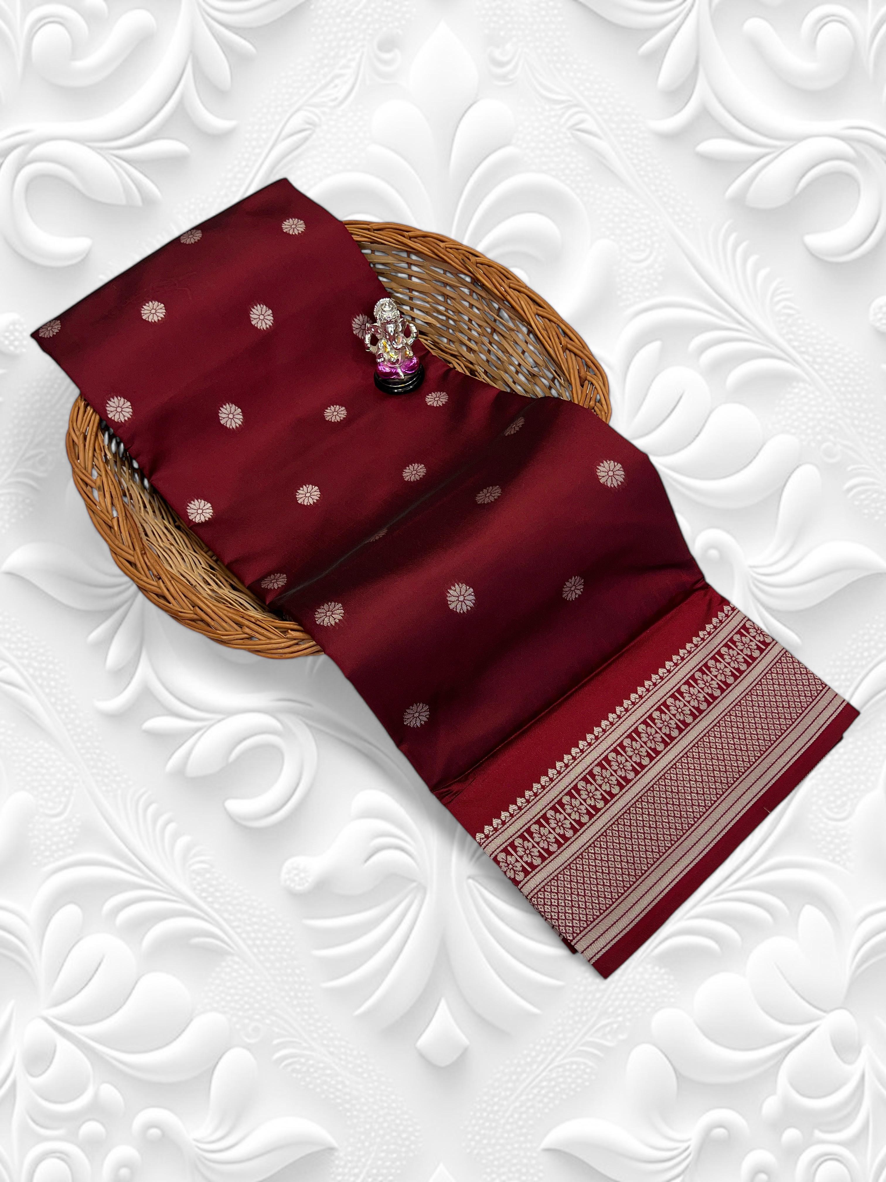 Buy Kadiyal Silk Paithani Saree with Meena Butti &amp; Fancy Pallu.&nbsp;Shop Aarya Fancy Pallu Kadiyal Silk Paithani Saree in premium soft silk with Meena butti and contrast blouse. Perfect for festive &amp; wedding wear.