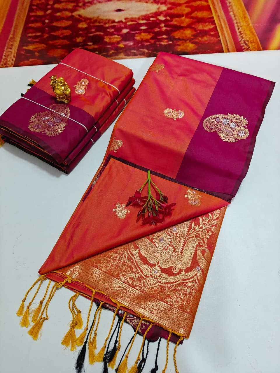 Shop now Premium Soft Silk Kanchipuram Saree with Rich Wokr Meena Pallu. Unique colors with Running Blouse. Perfect for weddings, Function &amp; festive occasions.