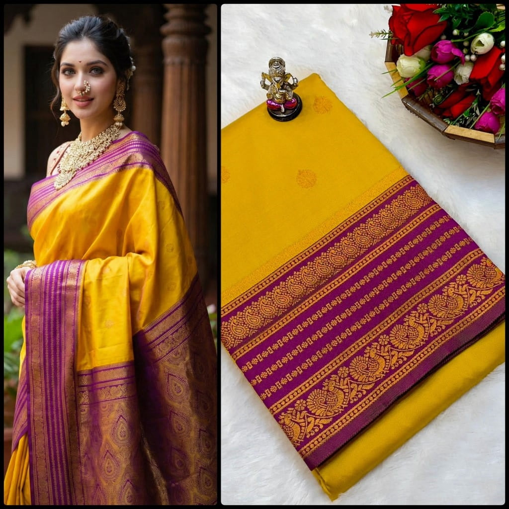Shop Rajashri Kanjivaram Paithani Saree online at best price. Premium Katan silk feel with zari butti and Meena work, ideal for weddings, festivals, and traditional occasions.