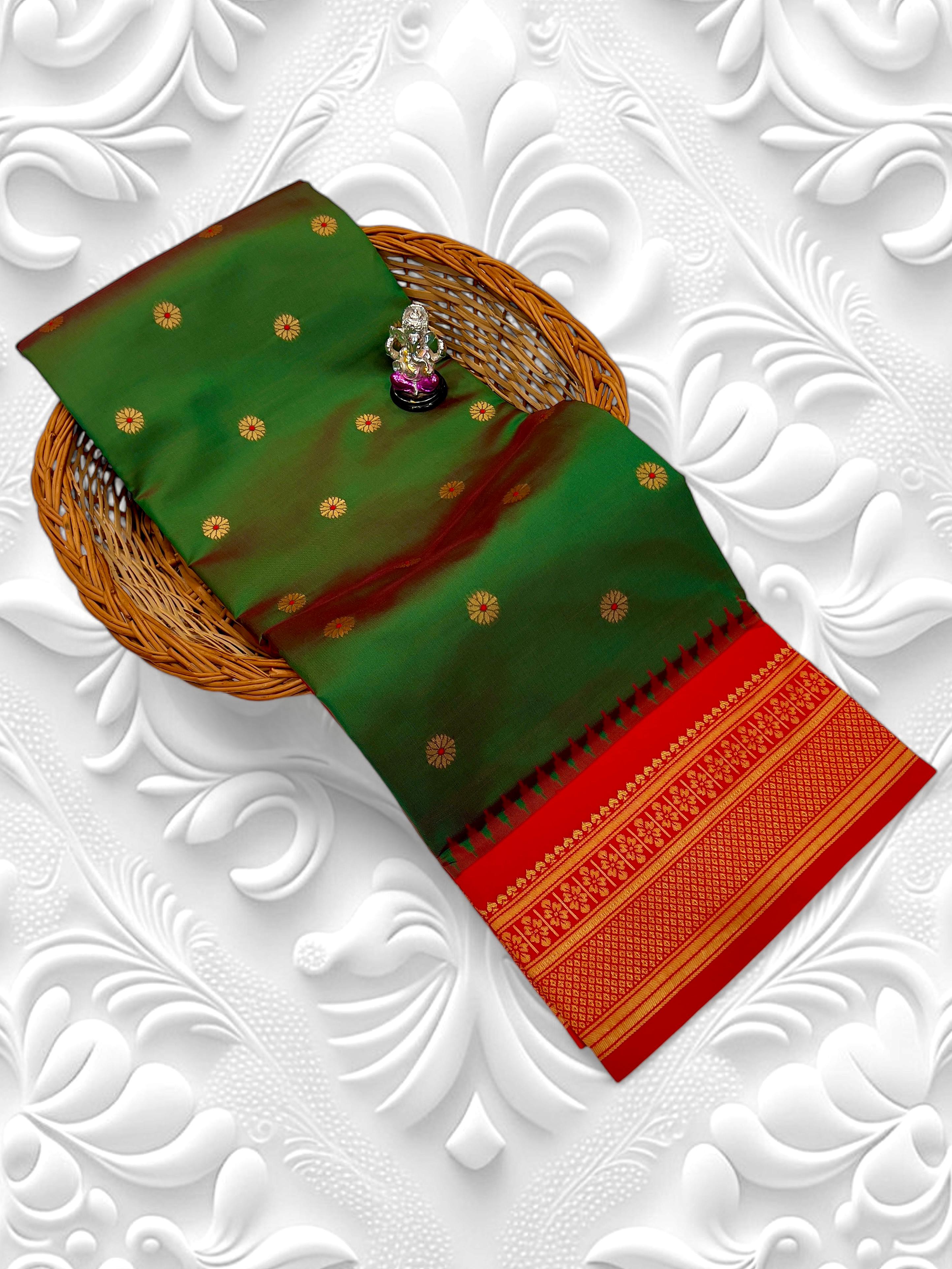Buy Kadiyal Silk Paithani Saree with Meena Butti &amp; Fancy Pallu.&nbsp;Shop Aarya Fancy Pallu Kadiyal Silk Paithani Saree in premium soft silk with Meena butti and contrast blouse. Perfect for festive &amp; wedding wear.