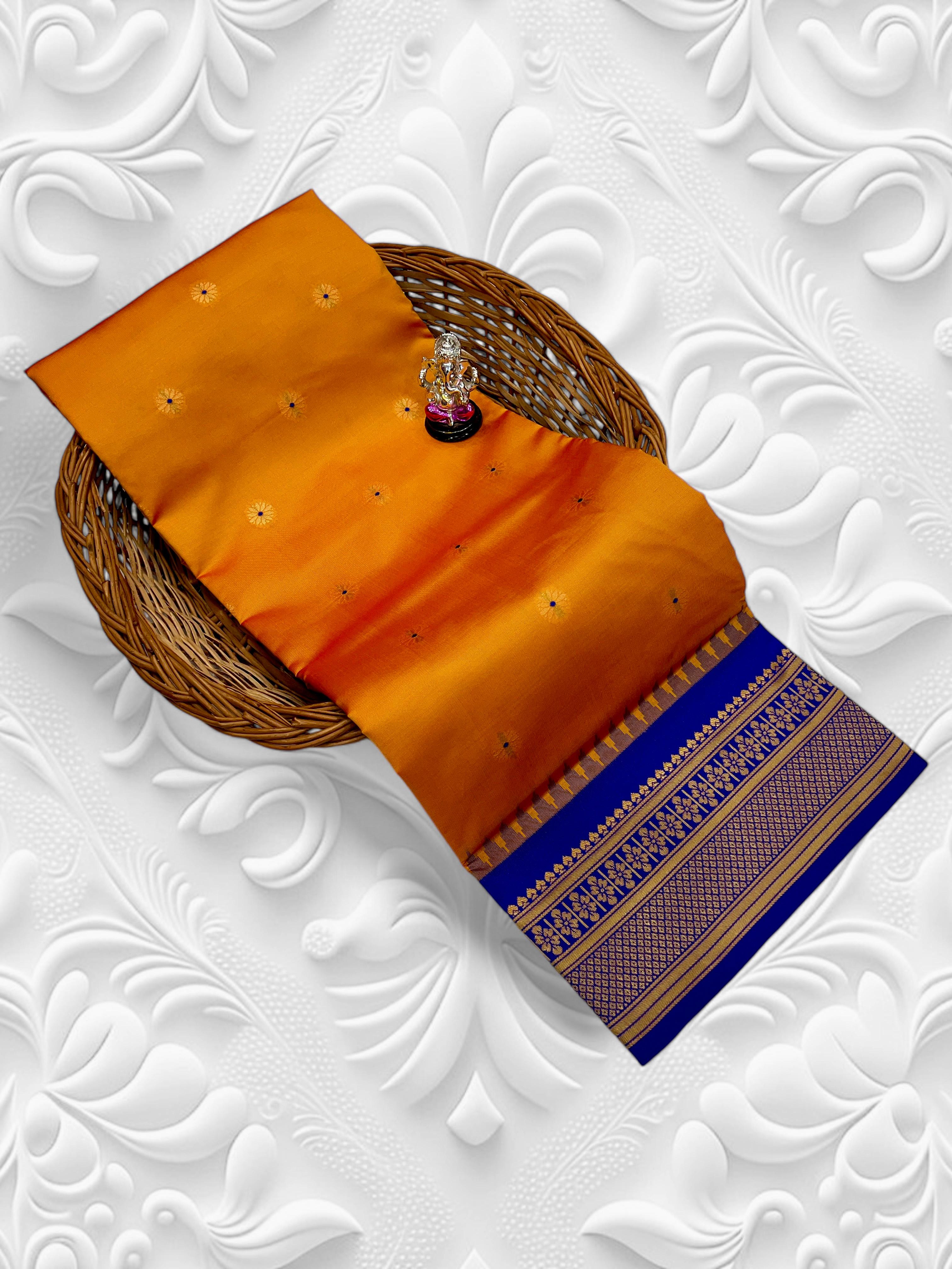Buy Kadiyal Silk Paithani Saree with Meena Butti &amp; Fancy Pallu.&nbsp;Shop Aarya Fancy Pallu Kadiyal Silk Paithani Saree in premium soft silk with Meena butti and contrast blouse. Perfect for festive &amp; wedding wear.