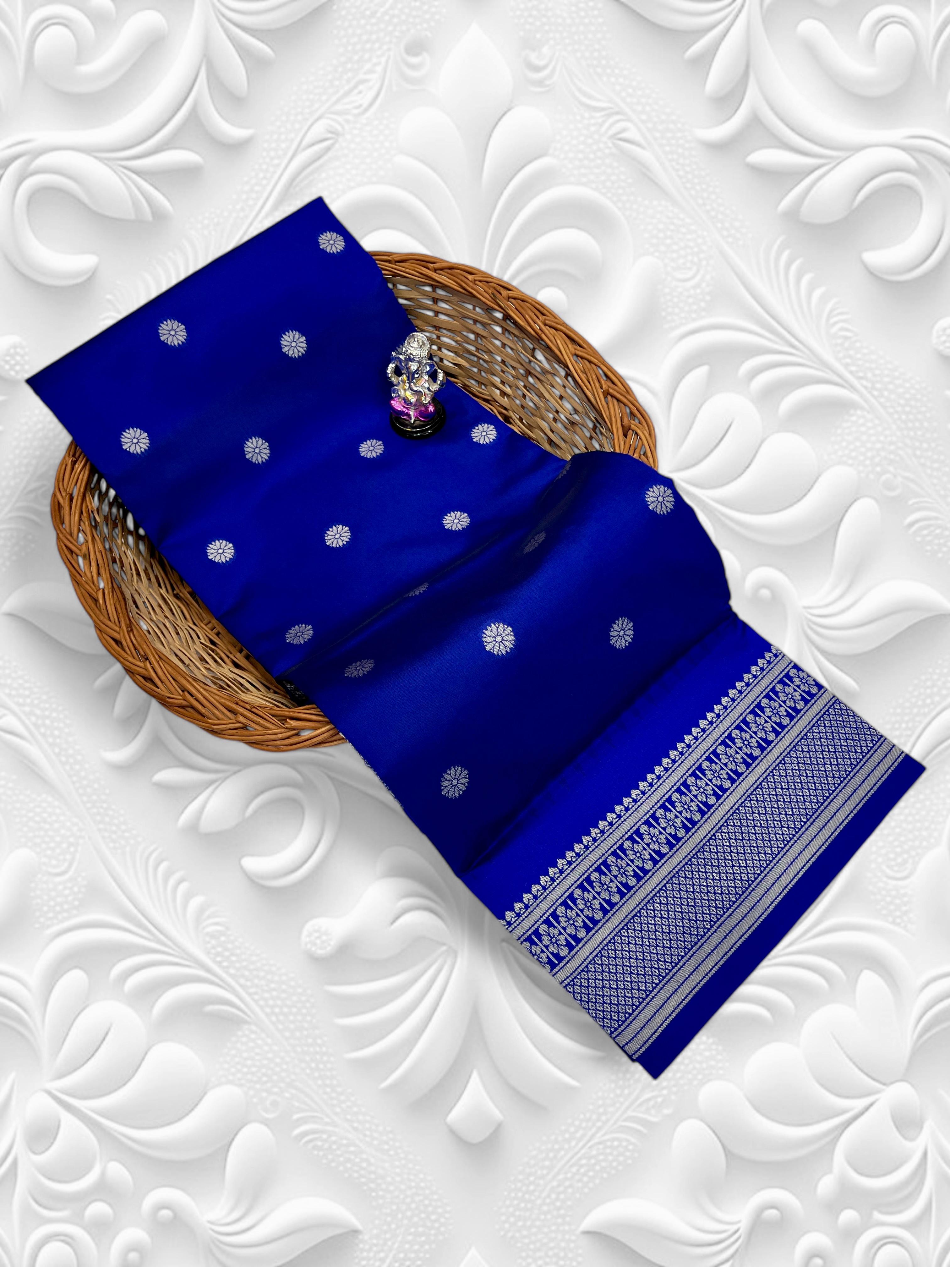 Buy Kadiyal Silk Paithani Saree with Meena Butti &amp; Fancy Pallu.&nbsp;Shop Aarya Fancy Pallu Kadiyal Silk Paithani Saree in premium soft silk with Meena butti and contrast blouse. Perfect for festive &amp; wedding wear.