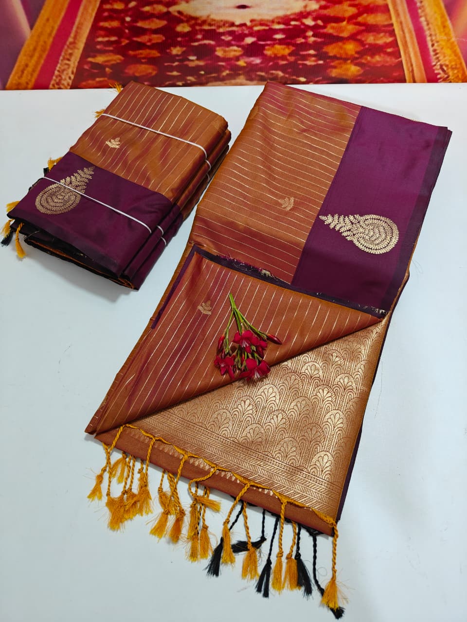 Shop now Premium Soft Silk Kanchipuram Saree with Rich Wokr Meena Pallu. Unique colors with Running Blouse. Perfect for weddings, Function &amp; festive occasions.
