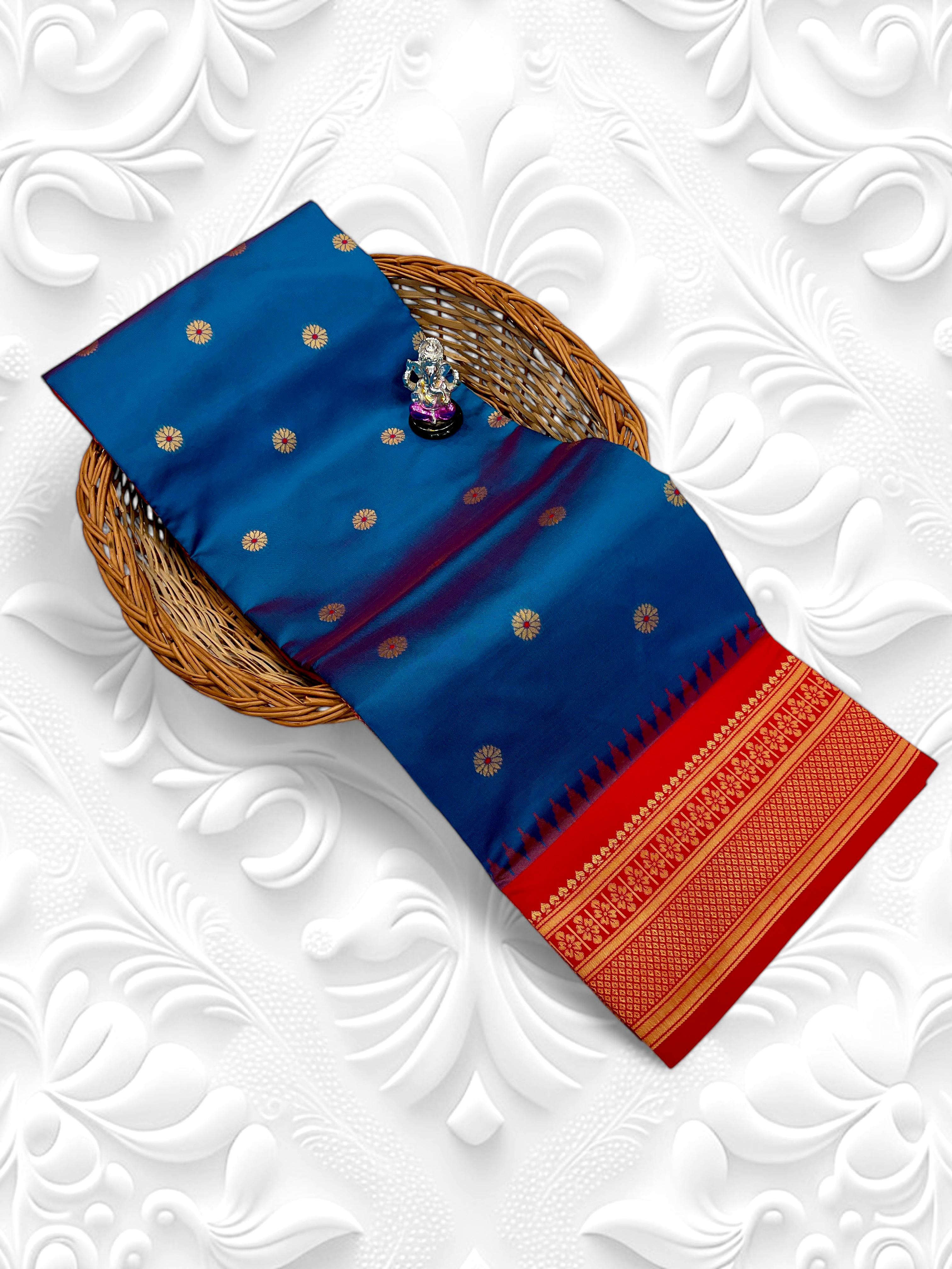 Buy Kadiyal Silk Paithani Saree with Meena Butti &amp; Fancy Pallu.&nbsp;Shop Aarya Fancy Pallu Kadiyal Silk Paithani Saree in premium soft silk with Meena butti and contrast blouse. Perfect for festive &amp; wedding wear.