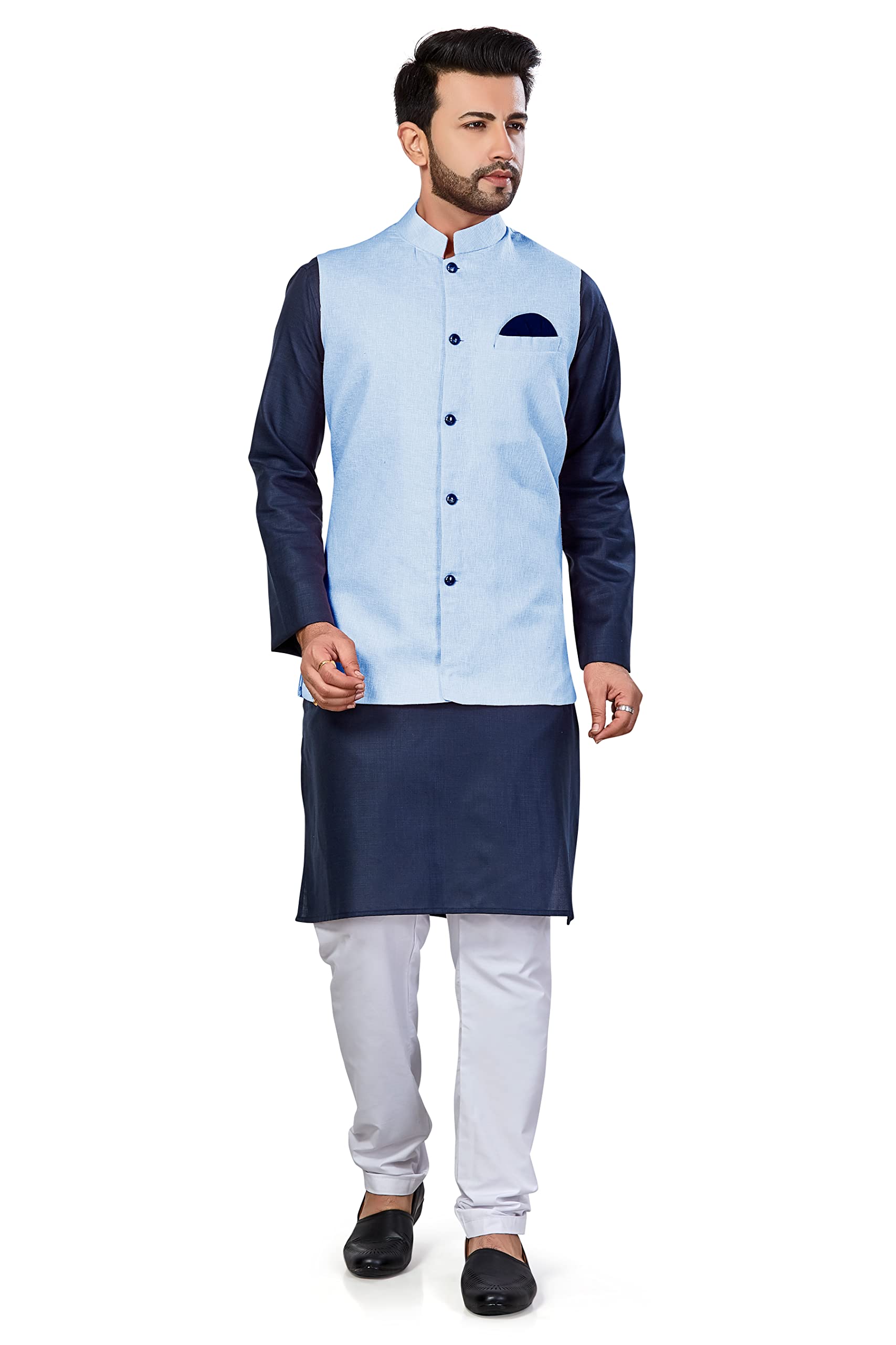 Modi Pyjama Men's Solid Linen Blend Kurta Pyjama 3 Piece With Neharu-Modi Jacket W