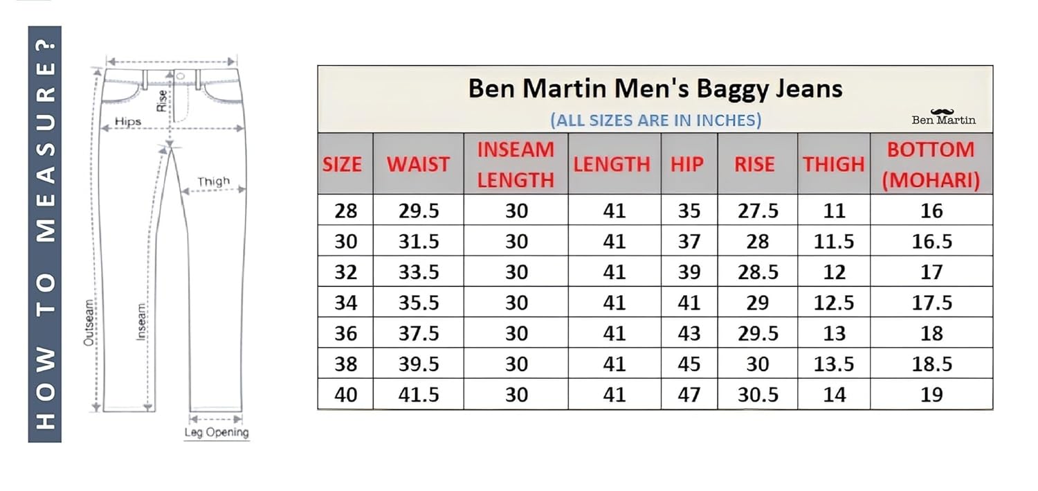 Ben Martin Men's Denim Cotton Oversized Loose Baggy Fit Jeans Pants for Men