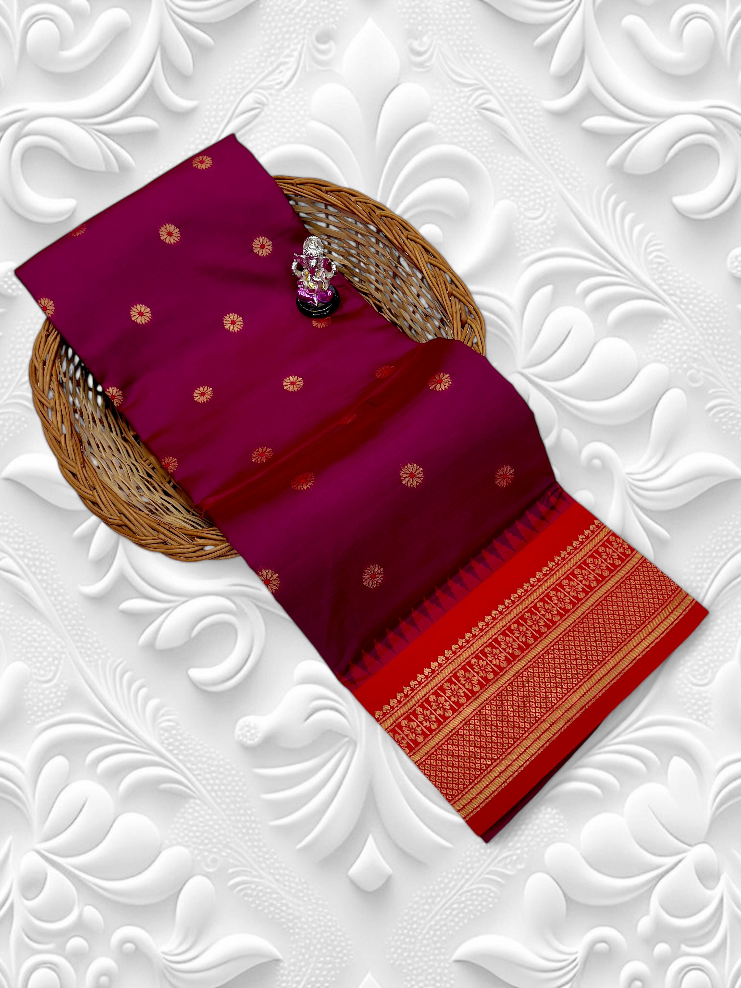 Buy Kadiyal Silk Paithani Saree with Meena Butti &amp; Fancy Pallu.&nbsp;Shop Aarya Fancy Pallu Kadiyal Silk Paithani Saree in premium soft silk with Meena butti and contrast blouse. Perfect for festive &amp; wedding wear.