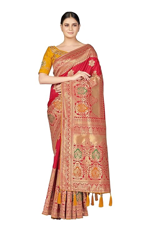 Monjolika Fashion Women's Woven Silk Saree in Rani Pink With Blouse Piece.