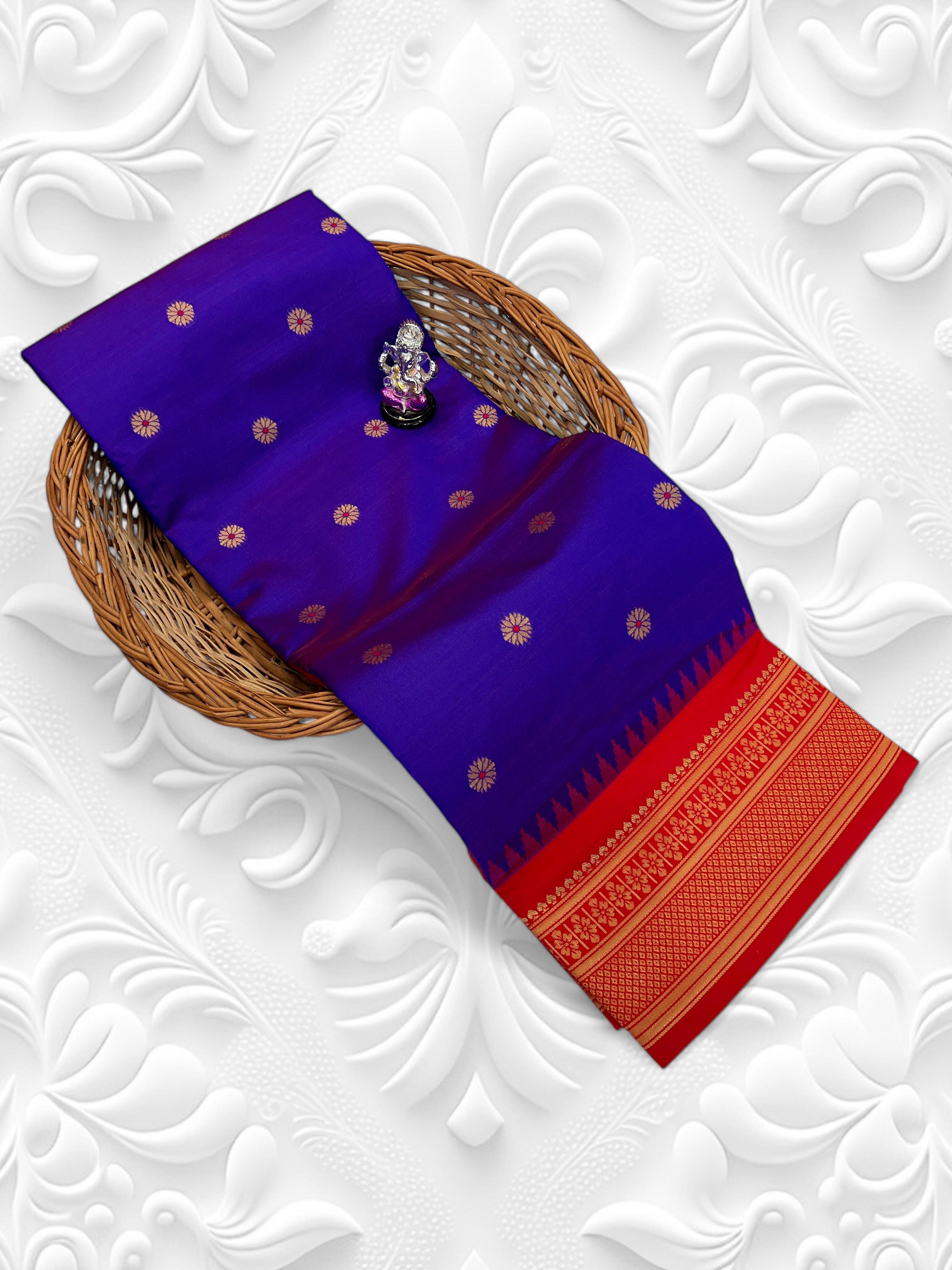 Buy Kadiyal Silk Paithani Saree with Meena Butti &amp; Fancy Pallu.&nbsp;Shop Aarya Fancy Pallu Kadiyal Silk Paithani Saree in premium soft silk with Meena butti and contrast blouse. Perfect for festive &amp; wedding wear.