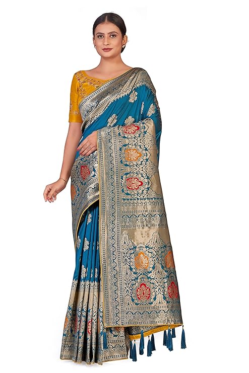 Monjolika Fashion Women's Woven Silk Saree in Rani Pink With Blouse Piece.