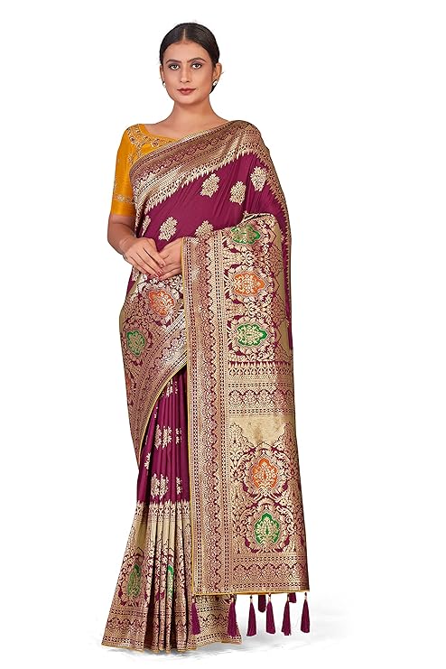 Monjolika Fashion Women's Woven Silk Saree in Rani Pink With Blouse Piece.