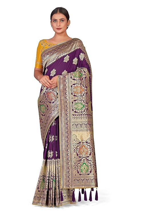 Monjolika Fashion Women's Woven Silk Saree in Rani Pink With Blouse Piece.