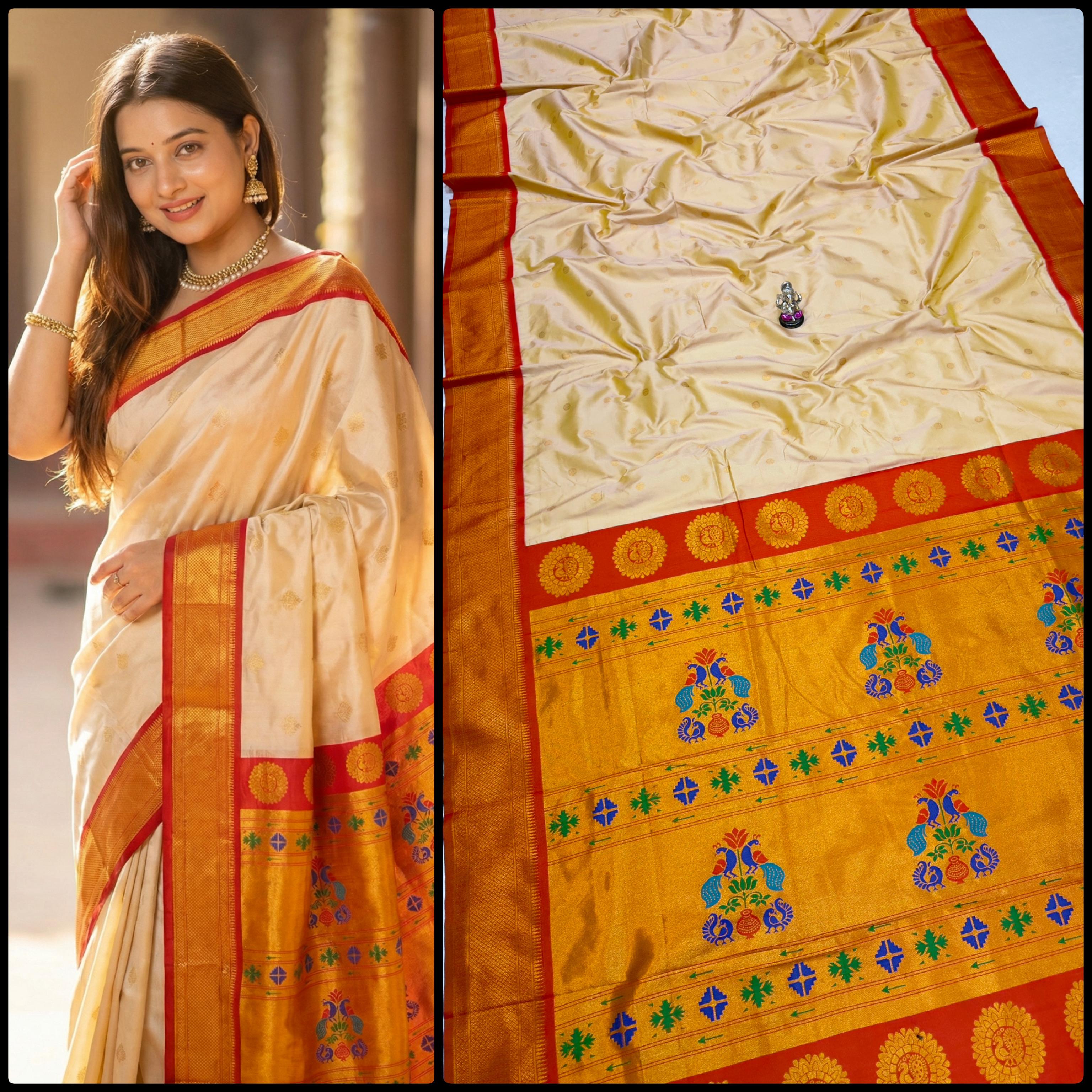 Shop Shloka Kalanjali Paithani Saree in Katan Silk with all-over zari butti, dual side border, and blouse piece. Perfect for weddings & festive wear.