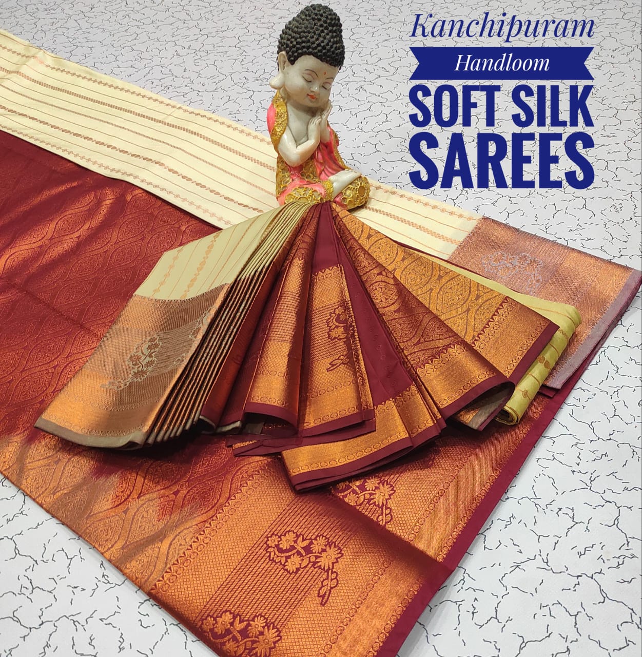 Premium Soft Silk Kanchipuram Saree with Copper Zari border &amp; rich pallu. Unique colors with contrast blouse. Perfect for weddings &amp; festive occasions.