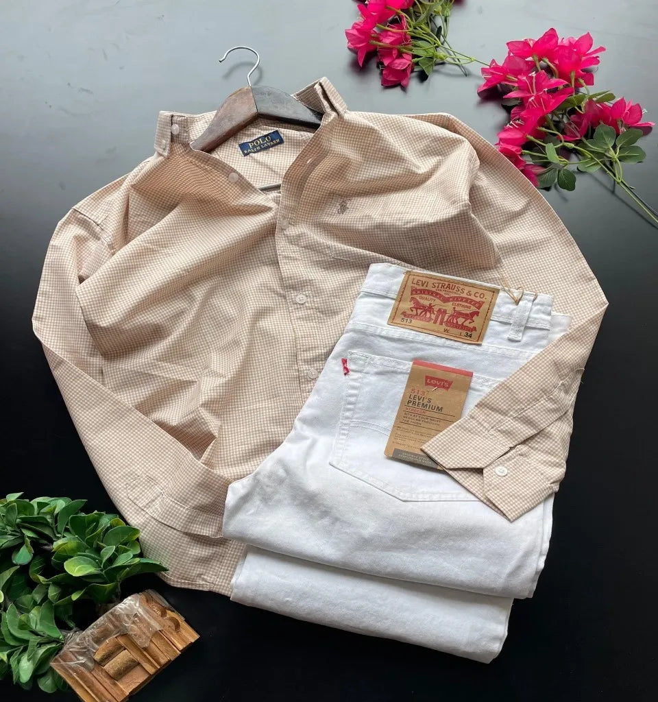 Upgrade your wardrobe with the U.S. Polo Small Checks Shirt paired with White Jeans. Crafted from premium Paper Cotton fabric, this stylish combo offers superior comfort, a modern regular fit, and a smart casual look that's perfect for everyday wear, office, parties, and outings.