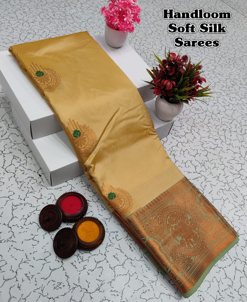 Shop premium Kanchipuram Handloom Soft Silk Saree with copper zari border, rich meena pallu & contrast blouse. Elegant saree for weddings & festivals.
