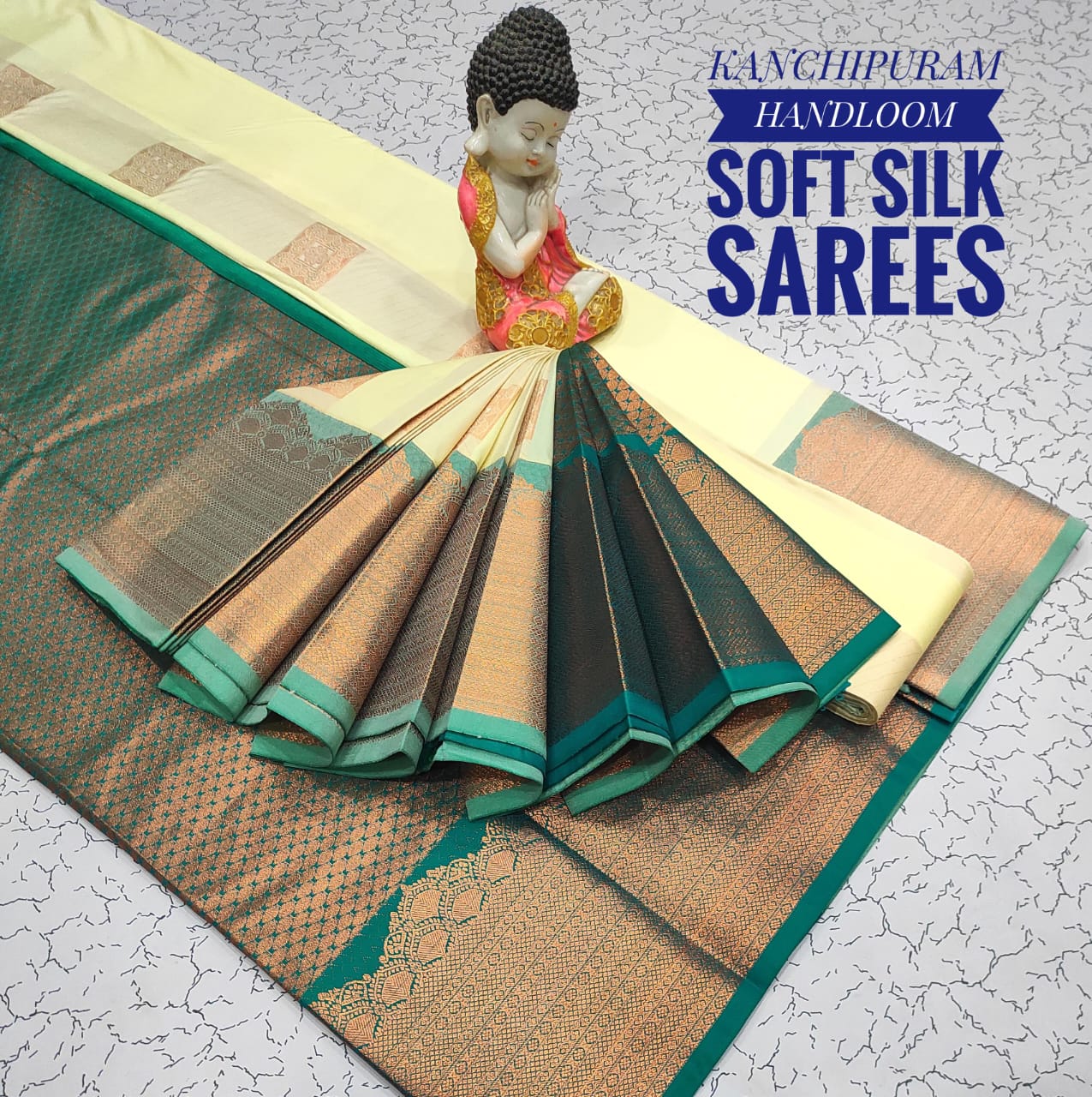 Premium Soft Silk Kanchipuram Saree with Copper Zari border &amp; rich pallu. Unique colors with contrast blouse. Perfect for weddings &amp; festive occasions.
