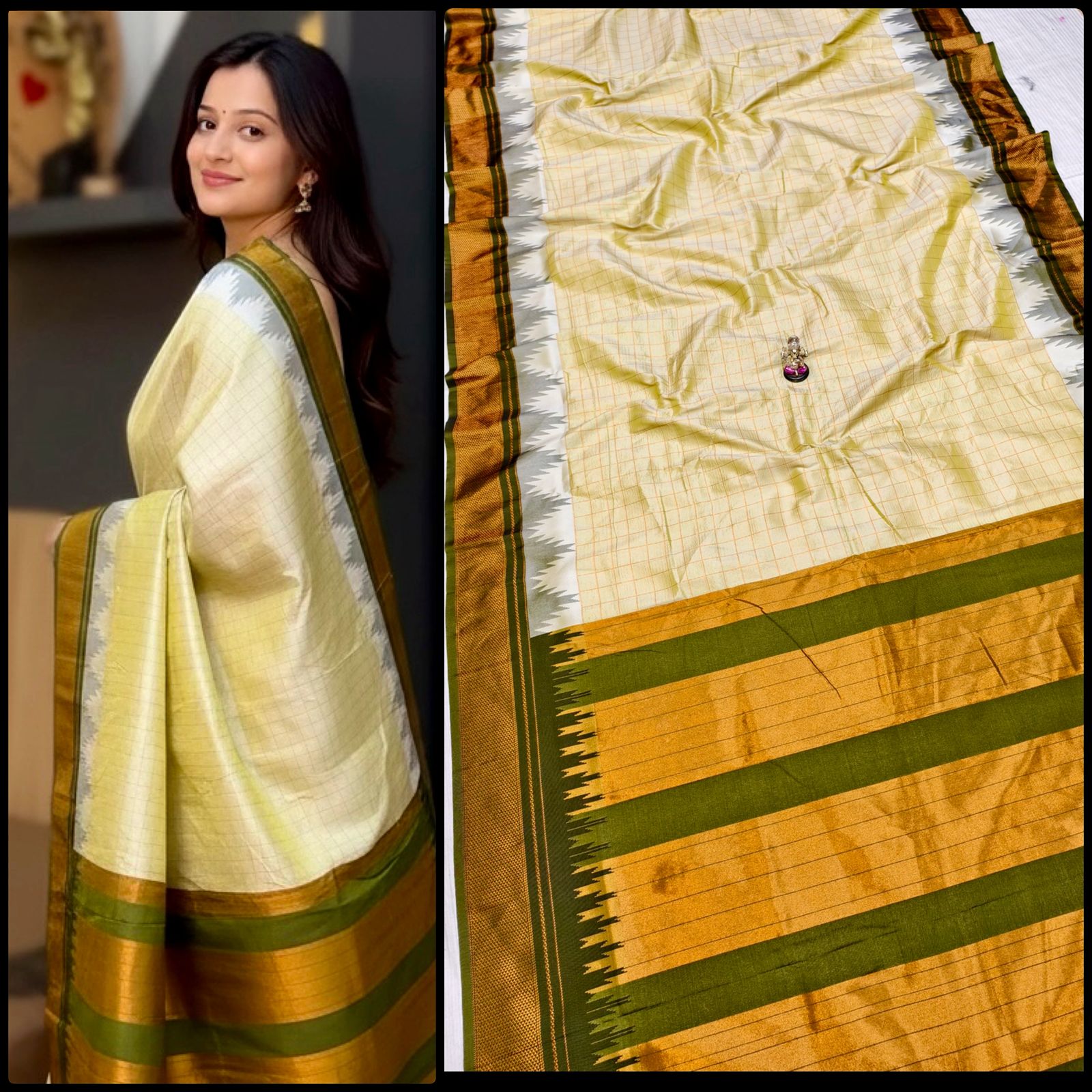 New Design Launching Shop the elegant Neha Checks Irkal Paithani Saree, crafted from premium Katan silk that feels like pure silk. Designed with all-over classic checks and paired with an exclusive contrast blouse, this saree is perfect for festive wear, weddings, and special occasions. Experience tradition with a modern touch.