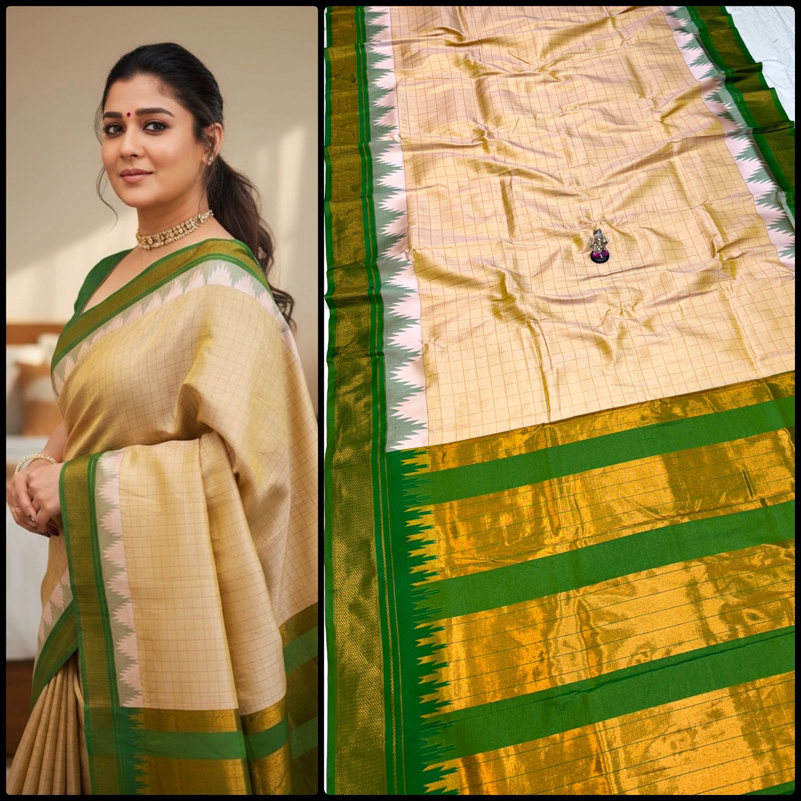 New Design Launching Shop the elegant Neha Checks Irkal Paithani Saree, crafted from premium Katan silk that feels like pure silk. Designed with all-over classic checks and paired with an exclusive contrast blouse, this saree is perfect for festive wear, weddings, and special occasions. Experience tradition with a modern touch.
