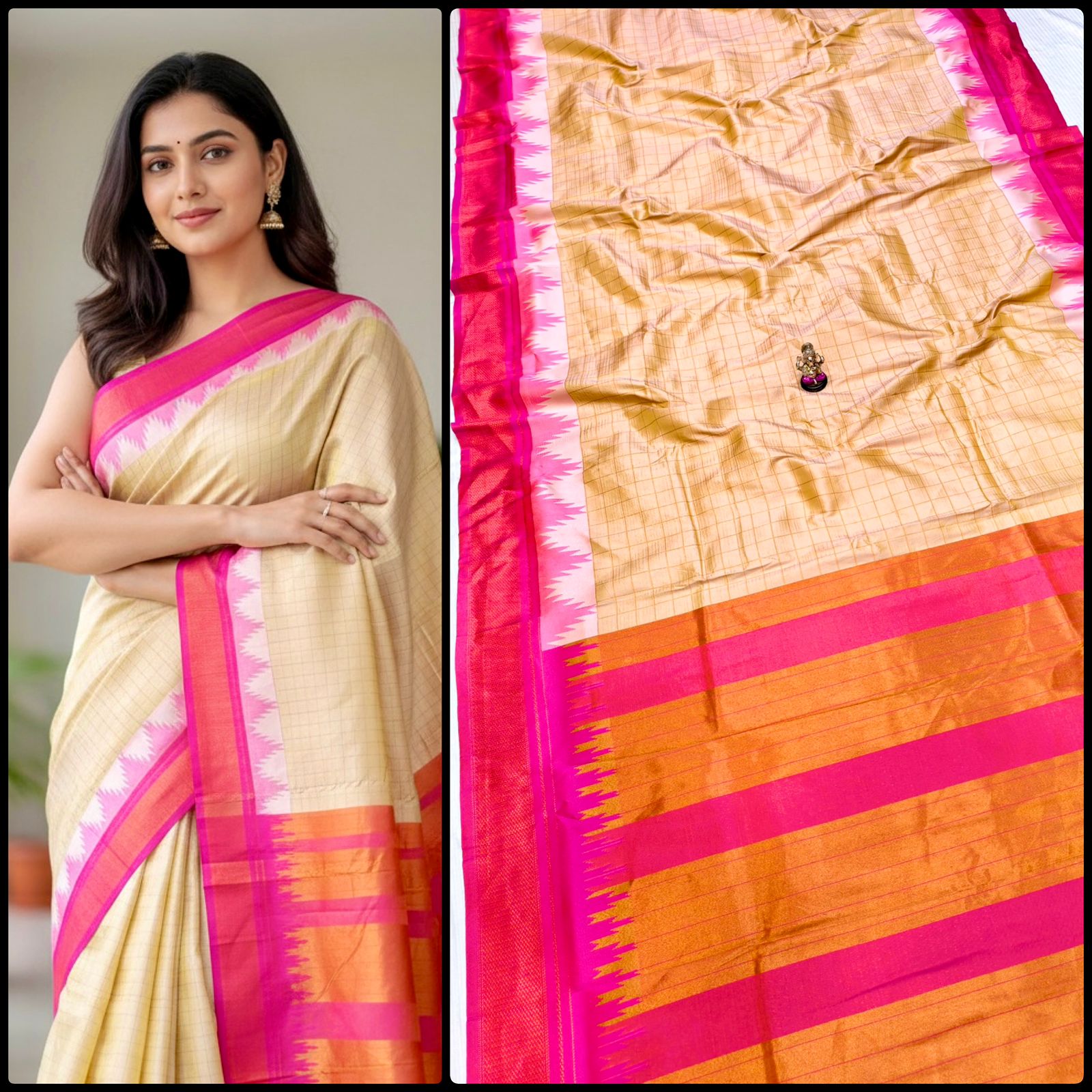 New Design Launching Shop the elegant Neha Checks Irkal Paithani Saree, crafted from premium Katan silk that feels like pure silk. Designed with all-over classic checks and paired with an exclusive contrast blouse, this saree is perfect for festive wear, weddings, and special occasions. Experience tradition with a modern touch.