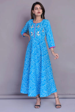 Cotton Bandhej print flared hem kurti in blue