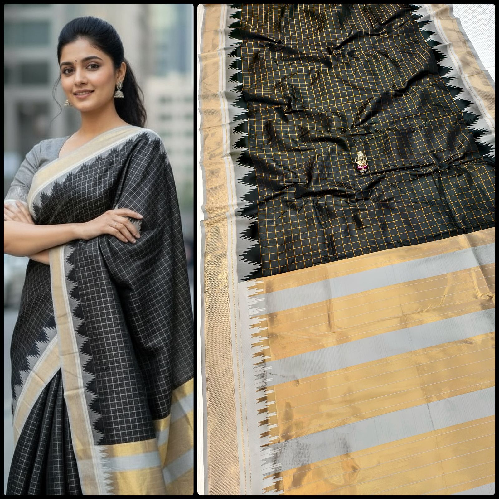 New Design Launching Shop the elegant Neha Checks Irkal Paithani Saree, crafted from premium Katan silk that feels like pure silk. Designed with all-over classic checks and paired with an exclusive contrast blouse, this saree is perfect for festive wear, weddings, and special occasions. Experience tradition with a modern touch.
