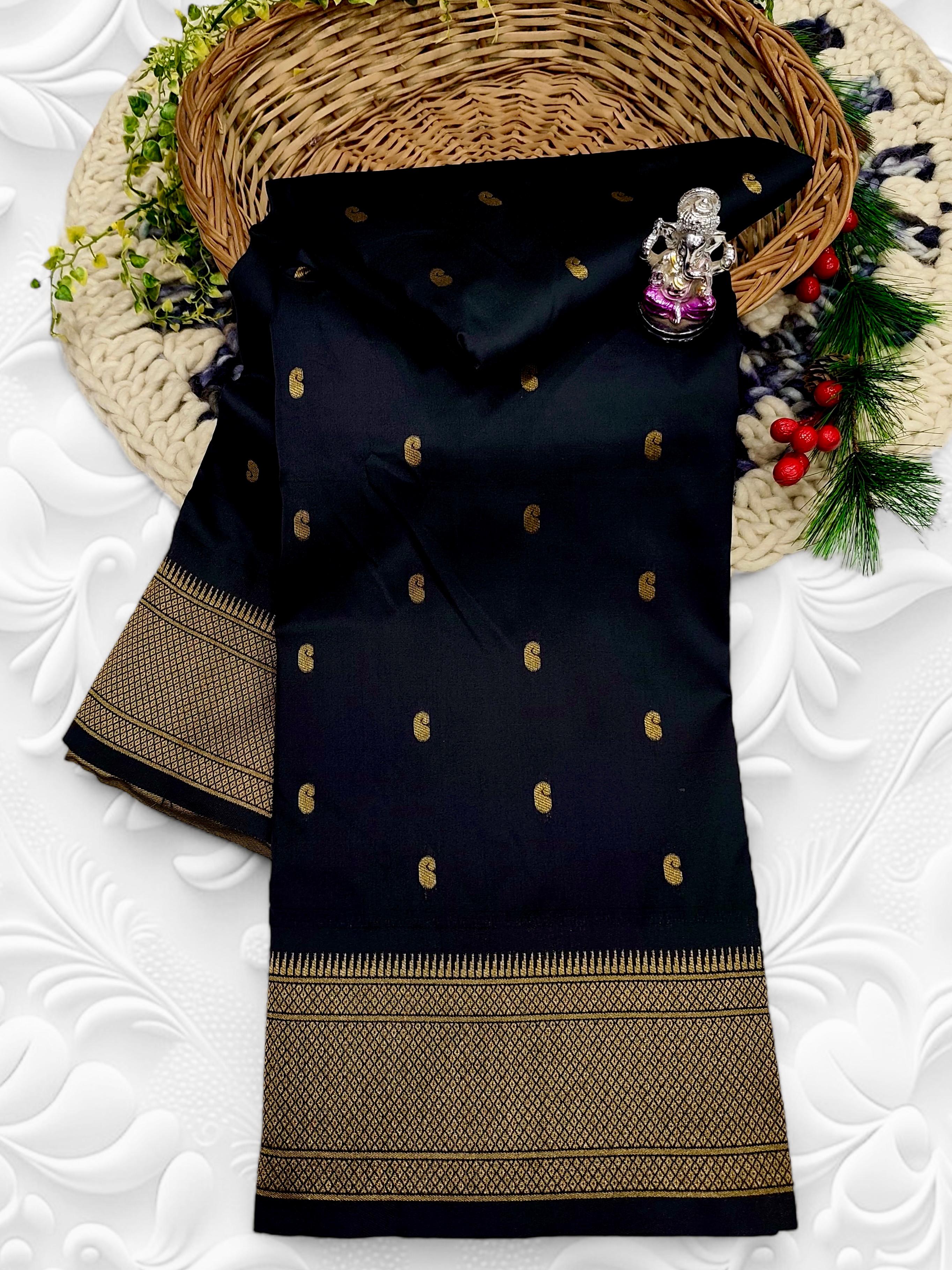 Premium Shrija Kadiyal Paithani Silk Saree with all-over zari buttis, exclusive contrast blouse, and rich double borders — perfect for weddings, festivals & special occasions.