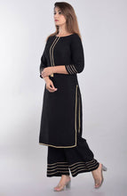 Load image into Gallery viewer, Alluring Black Rayon Gota Work Kurta Palazzo Set For Women