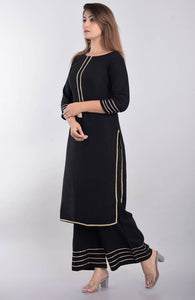 Alluring Black Rayon Gota Work Kurta Palazzo Set For Women