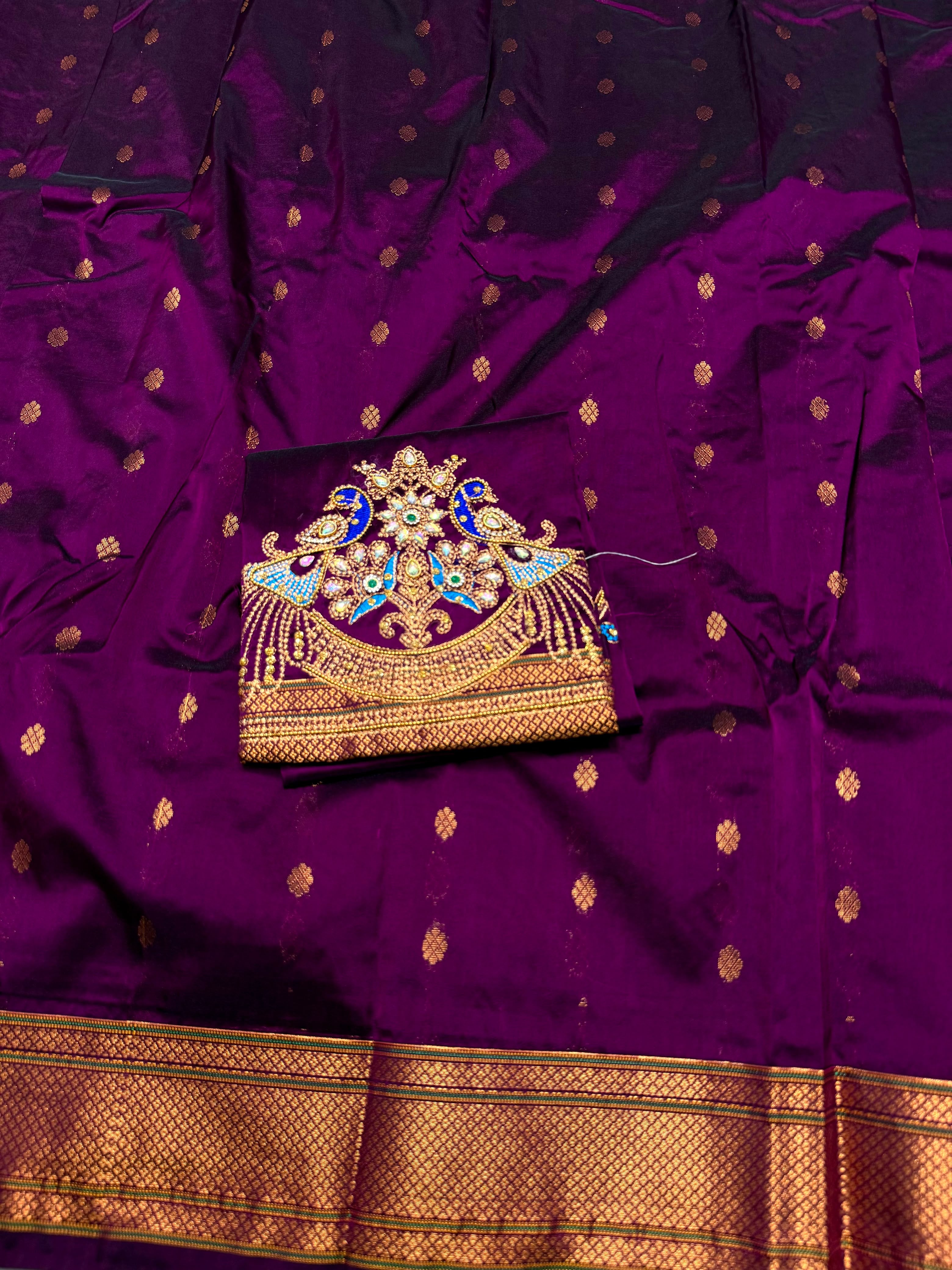 Shop elegant Pure Silk Copy Kalanjali Paithani Sarees featuring all-over butti design, rich pallu, premium Tana silk fabric, and exquisite Aari work blouse piece. Premium quality ethnic wear for weddings, festivals, and special occasions.