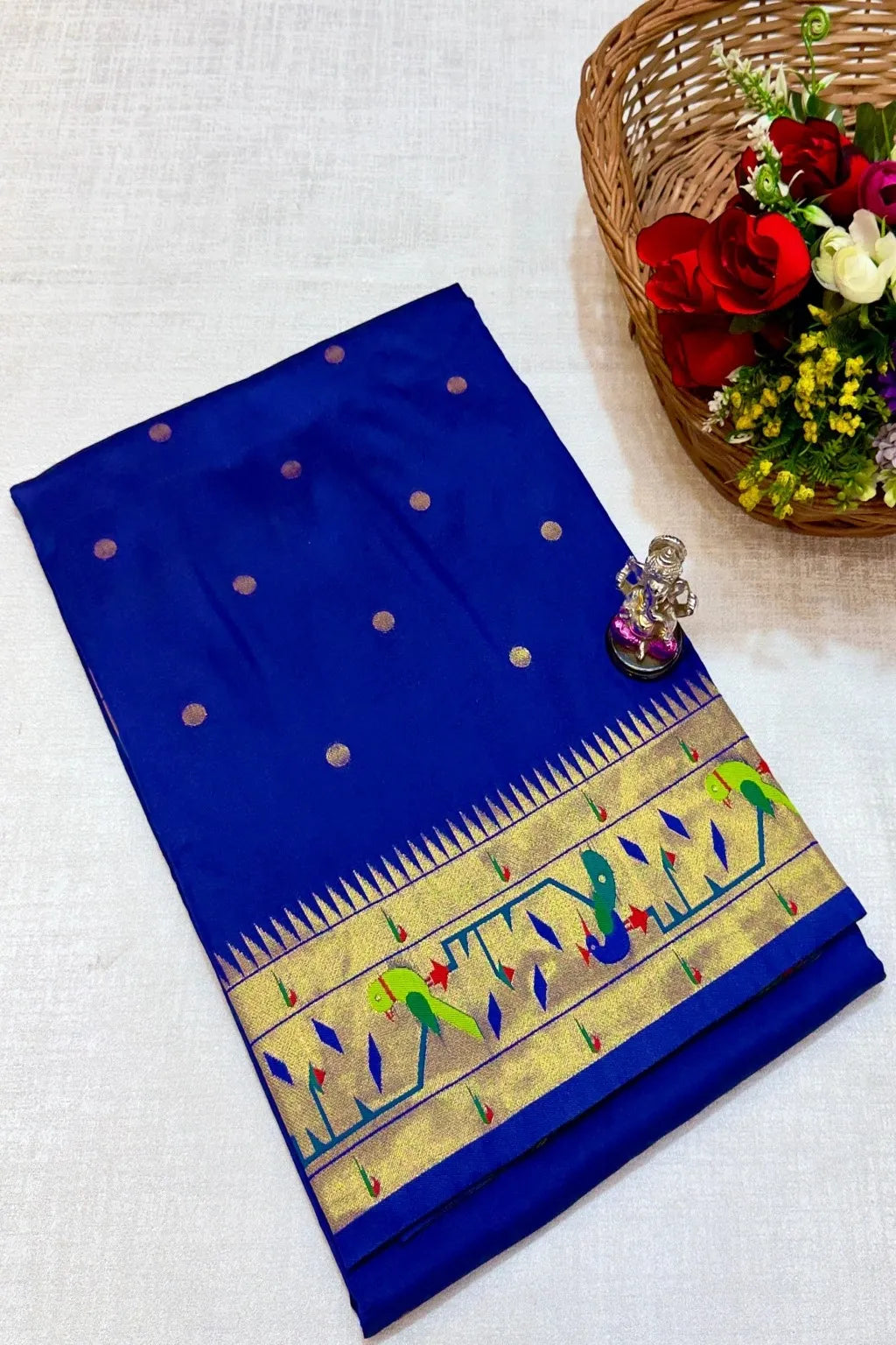 Shop premium Katan Silk Semi Mor & Popat Brocade Paithani Saree with traditional peacock and parrot pallu design and all-over zari butti. Perfect for weddings & festive wear.