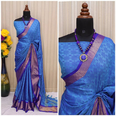 Beautiful Cotton Silk Saree with Blouse piece woven design-Blue