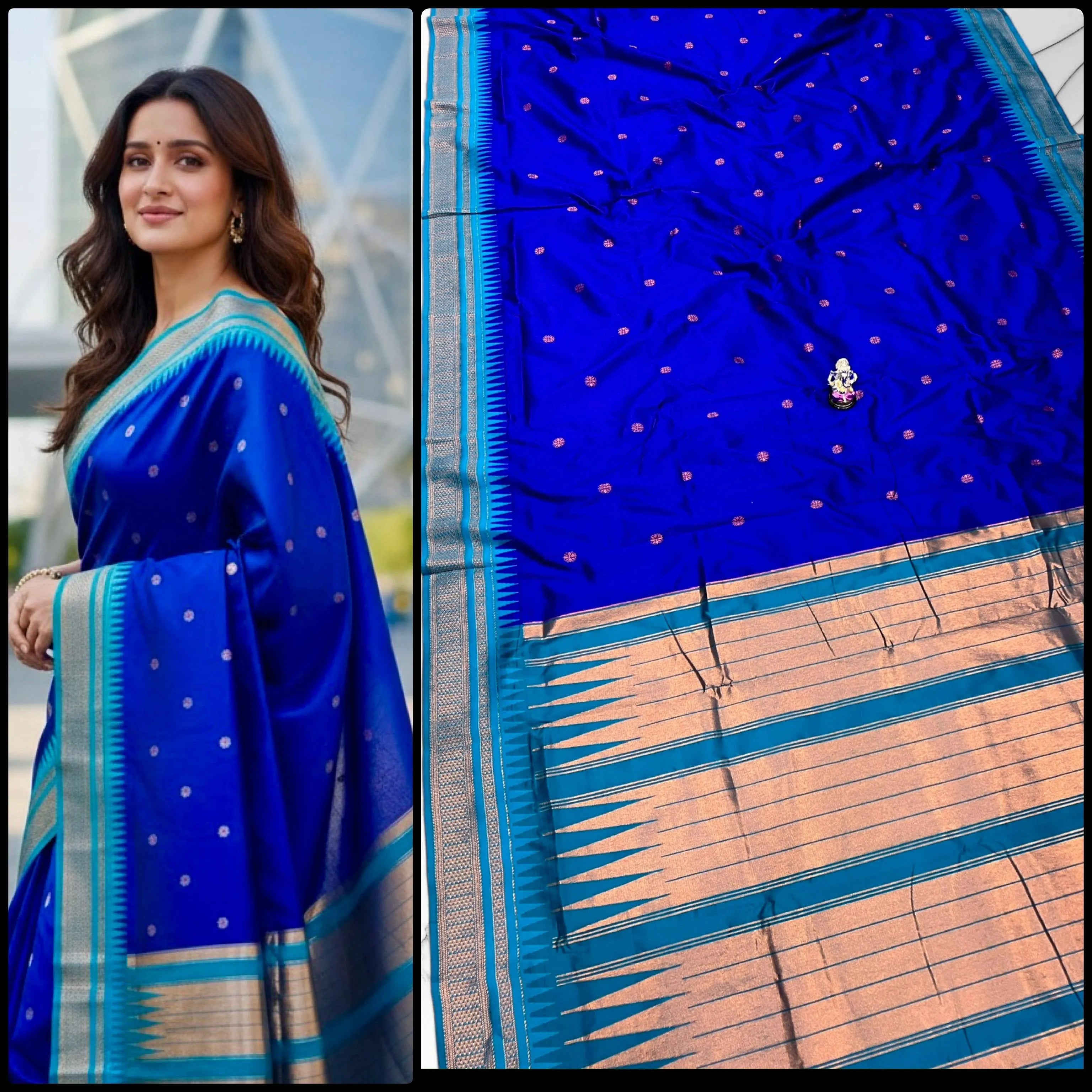 Buy Half Silk Irkal Paithani Saree online with premium Katan silk feel, all-over zari butti design, and contrast zari blouse. Perfect for weddings, festive wear, and traditional occasions at the best price.
