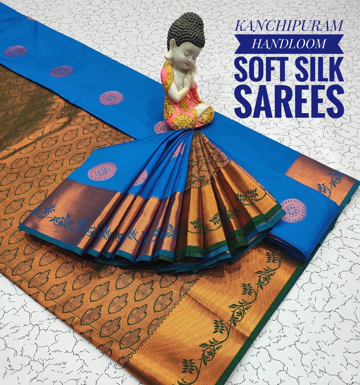 Premium Soft Silk Kanchipuram Saree with Copper Zari border &amp; rich pallu. Unique colors with contrast blouse. Perfect for weddings &amp; festive occasions.