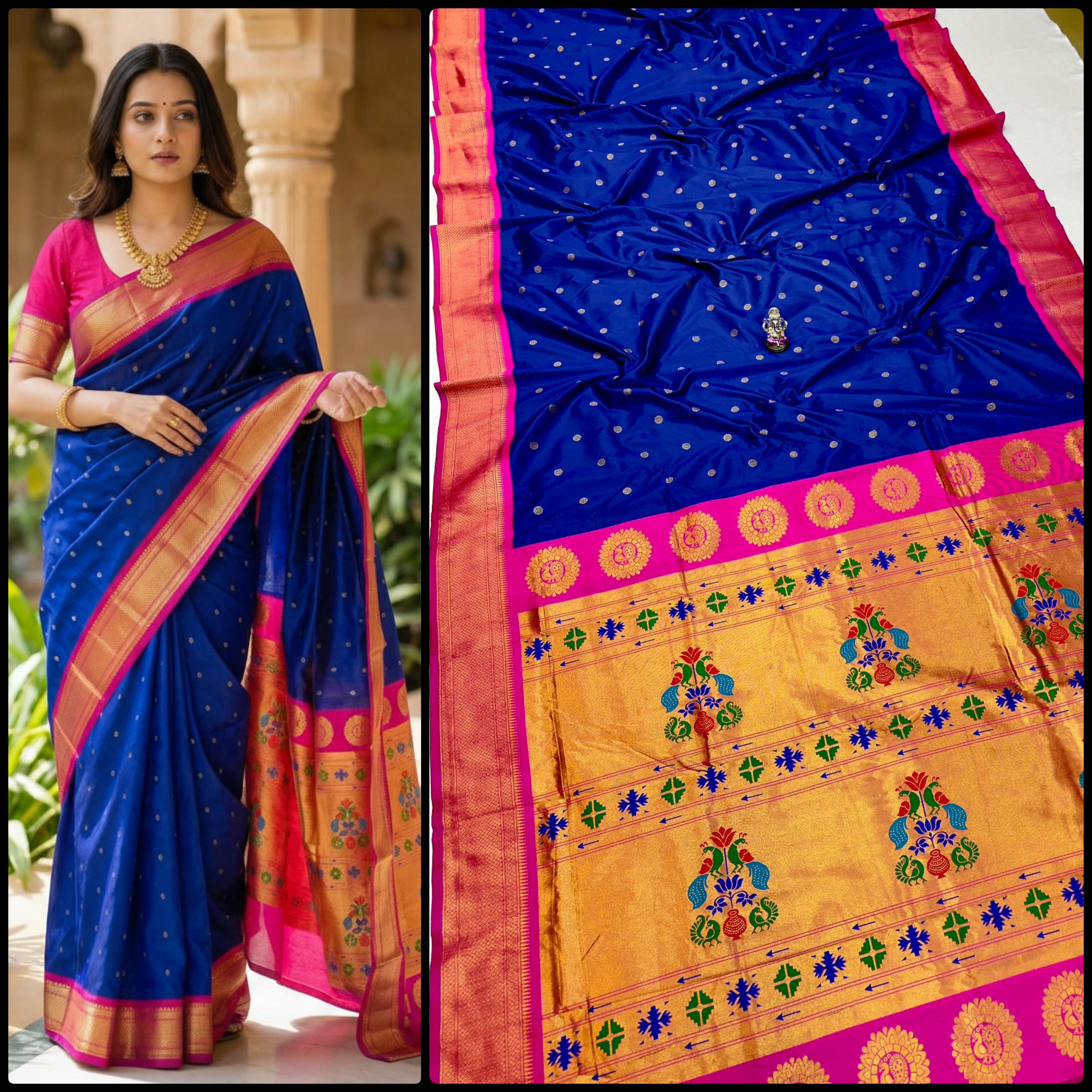 Shop Shloka Kalanjali Paithani Saree in Katan Silk with all-over zari butti, dual side border, and blouse piece. Perfect for weddings & festive wear.