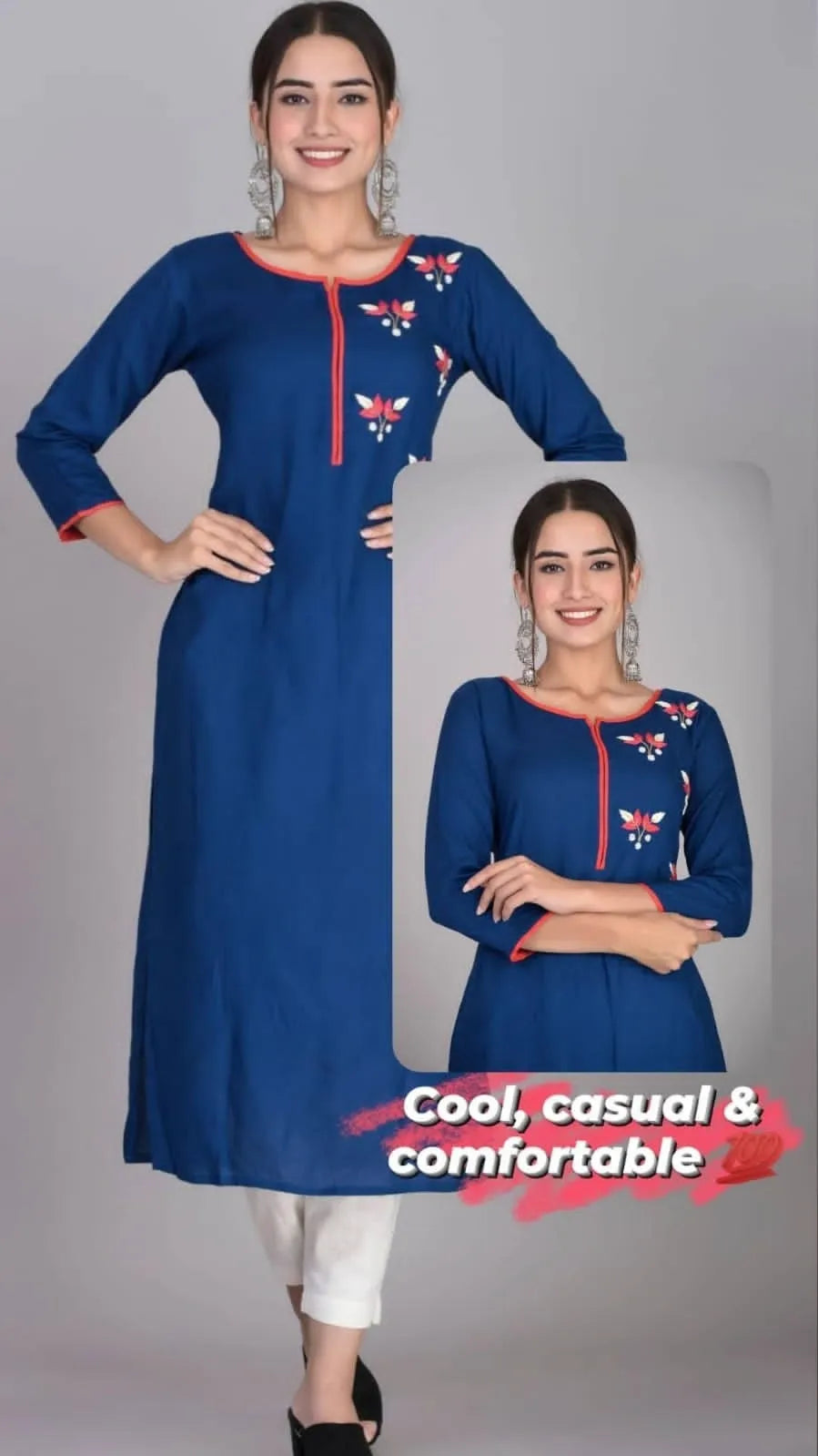 Shop elegant rayon straight cut kurti with hand embroidered floral motifs in red and blue. Comfortable ethnic wear for women available in M to 3XL.
