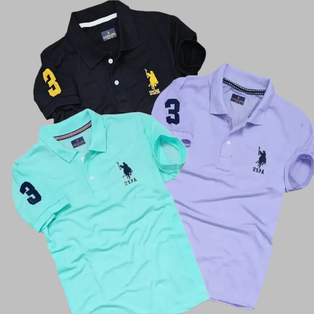 Solid Polo Matty Elegance in 3 Colors T-Shirts  Pack of 3 for Mens

Size:M, L, XL, XXL available in 4 sizes

Color: Unique combination of 3 colors hence Multicoloured
Fabric:Premium Cotton Blend with nice texure
Durability:Long durability with light weight and sturdy
 Type:Polos unique brand
 Style:Solid , it's solidness indicate longuity
 Design Type:Polos T-Shirt
 Sleeve Length:Short Sleeves suits to the shoulders of strong men.

Experience ultimate comfort and style with our Soli