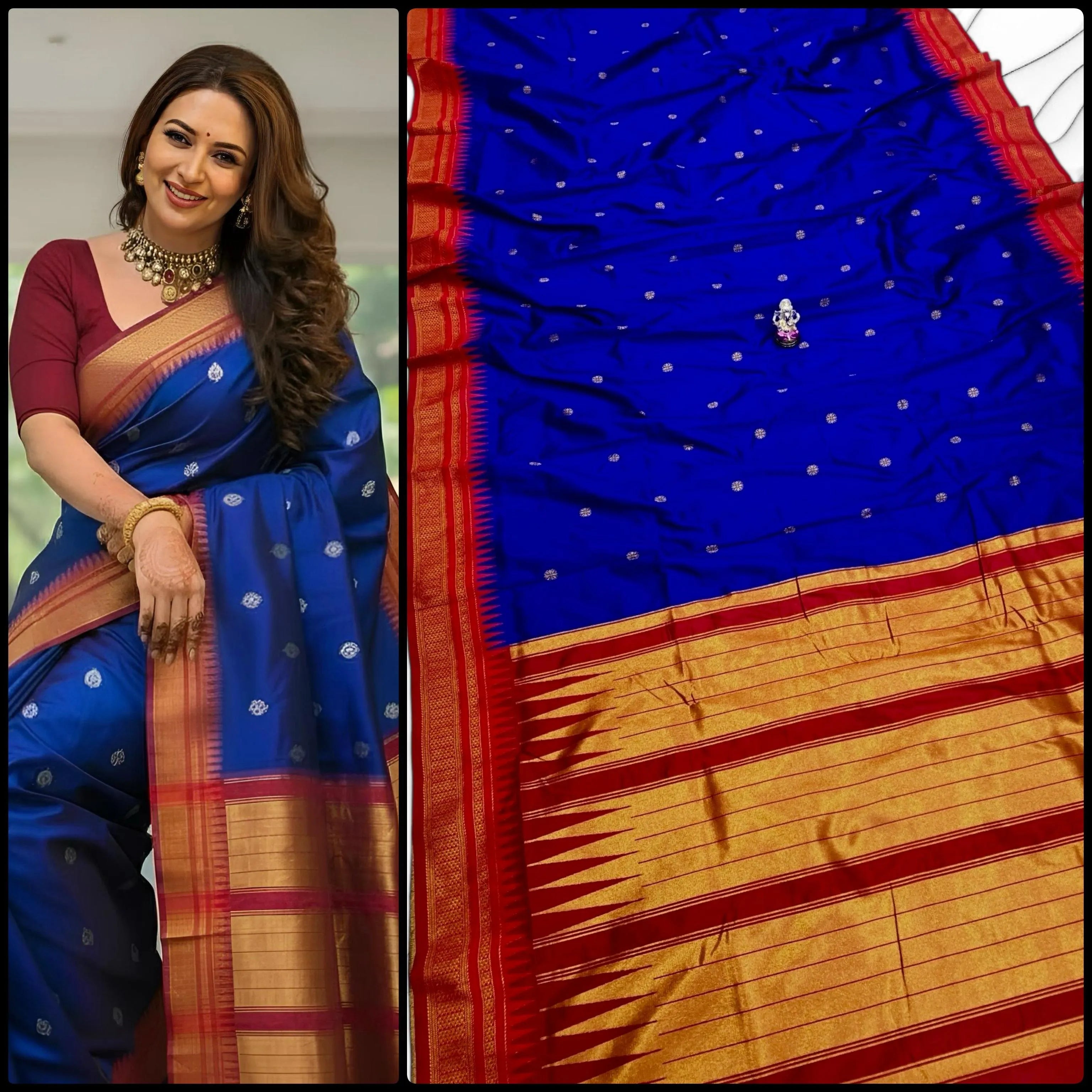 Buy Half Silk Irkal Paithani Saree online with premium Katan silk feel, all-over zari butti design, and contrast zari blouse. Perfect for weddings, festive wear, and traditional occasions at the best price.