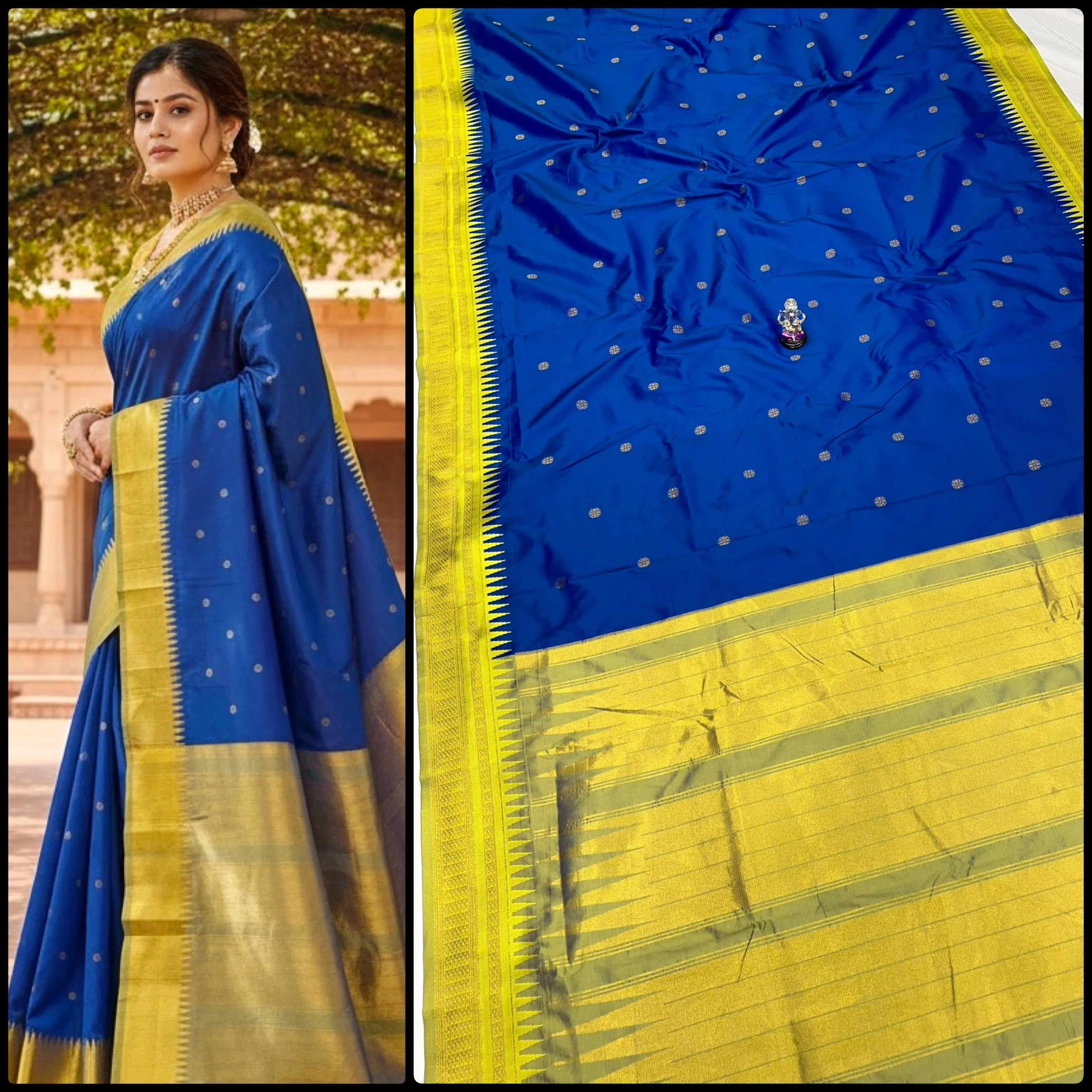Buy Half Silk Irkal Paithani Saree online with premium Katan silk feel, all-over zari butti design, and contrast zari blouse. Perfect for weddings, festive wear, and traditional occasions at the best price.